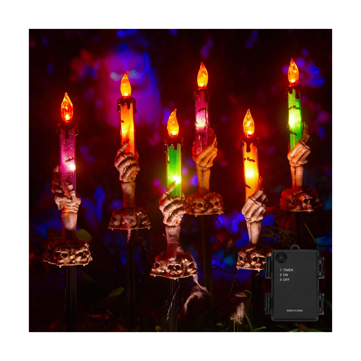 Halloween Decorations, 2 x 6 Pack Skeleton Hands Hold Lighted Candle Stakes, Waterproof Battery Operated Pathway Decor with Timer, Light Up for Tabletop Indoor Outdoor Party Lawn Yard Garden