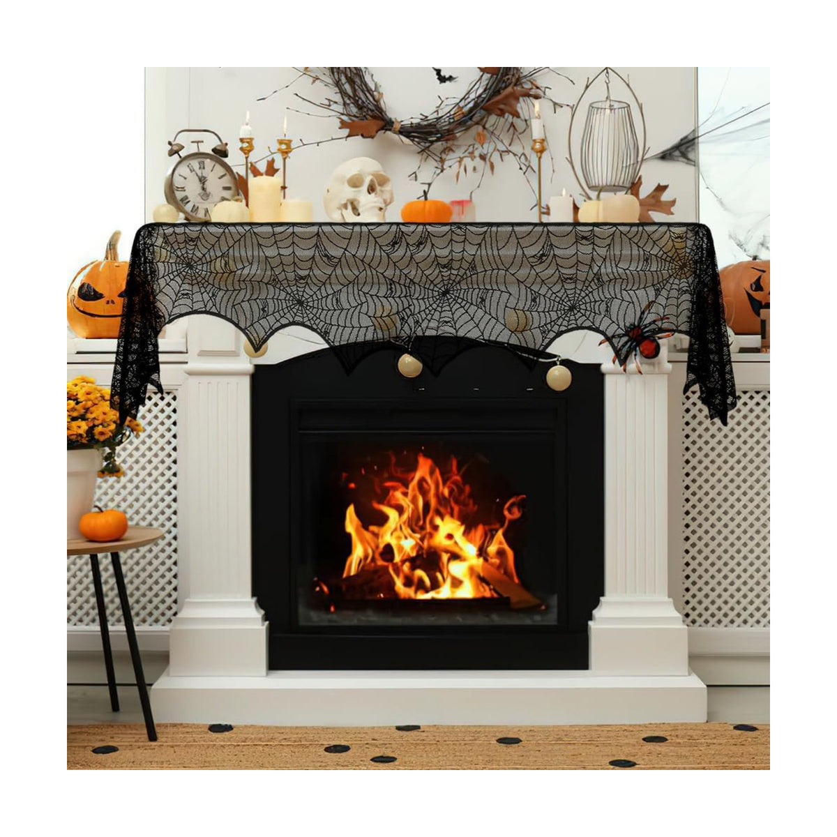 Halloween Mantle Scarf, Black Lace Spiderweb Fireplace Mantel Scarf,Halloween Mantel Decor for Cloth Table Runner,Halloween Decorations Indoor Festive Party Supplies Door Window Curtain,96 x 18 Inch