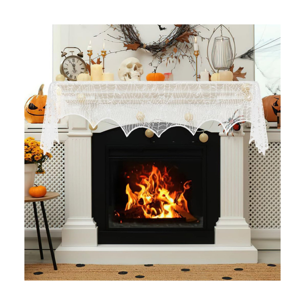 Halloween Mantel Scarf,White Lace Spiderweb Fireplace Mantel Scarf,Halloween Mantel Decor for Cloth Table Runner,Halloween Decorations Indoor Festive Party Supplies Door Window Curtains,96 x 18 Inch