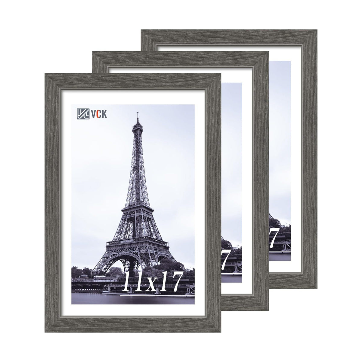 VCK 11x17 Picture Frame Set of 3, Gray Grey Wood Frames, Gallery Wall Decor Photo Frames for Wall Mounting Horizontally