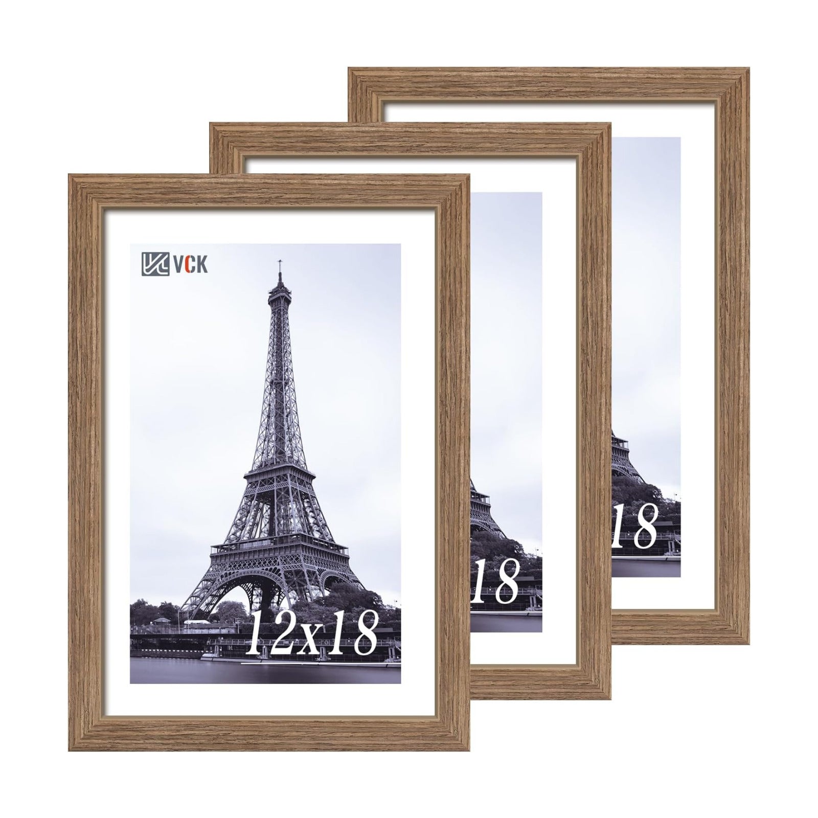 VCK 12x18 Frames 3 Pack, Walnut Poster Frame MDF Wood with Polished Plexiglass, Wall Mounting Horizontal & Vertical