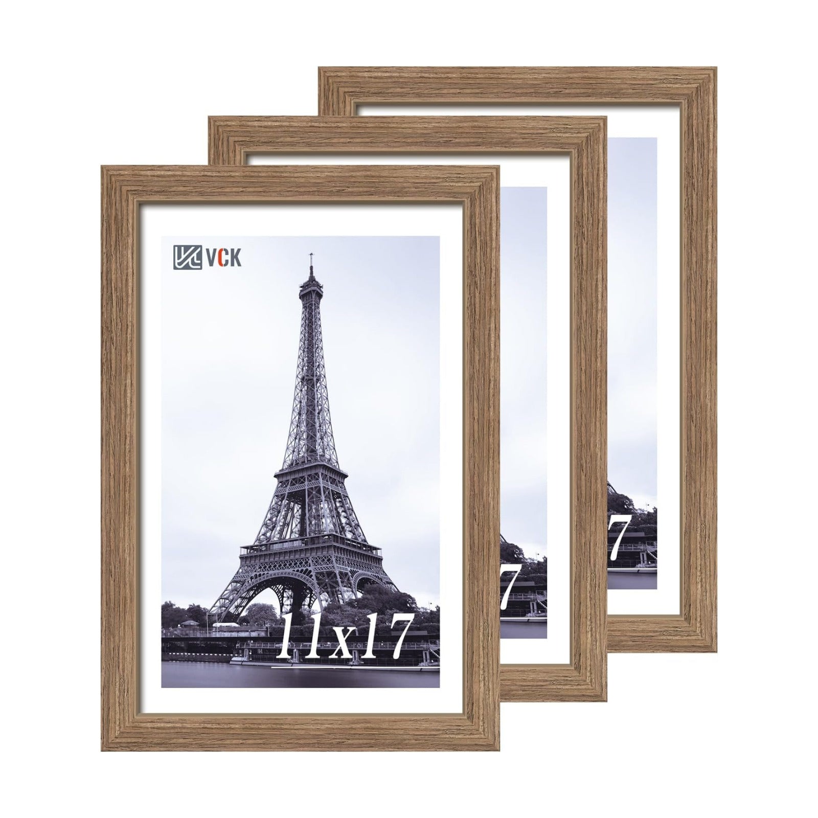 VCK 11x17 Picture Frame Set of 3, Walnut Wood Frames, Gallery Wall Decor Photo Frames for Wall Mounting Horizontally or