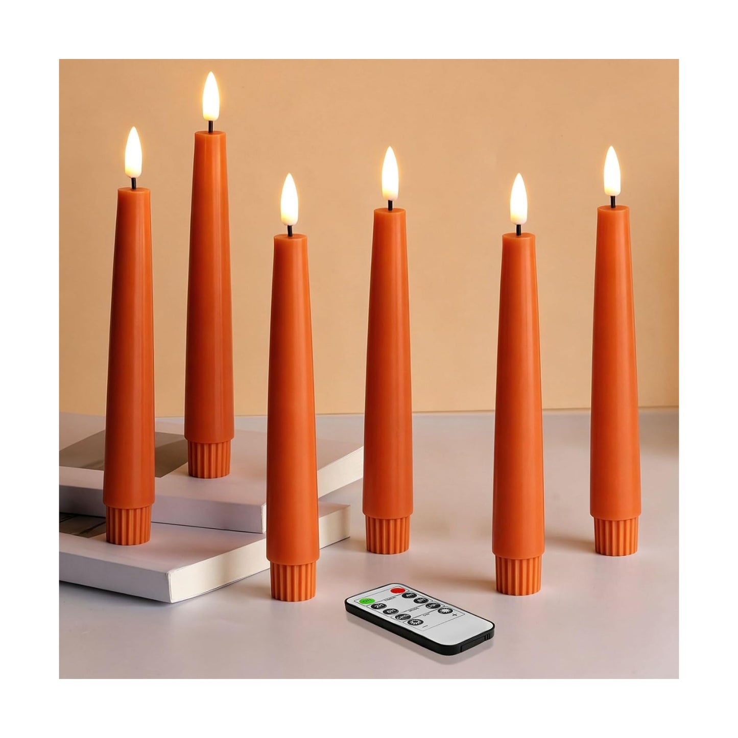 Short Burnt Orange Fall LED Taper Candles with Remote Set of 6 | Flickering Halloween LED Candlesticks, Real Wax