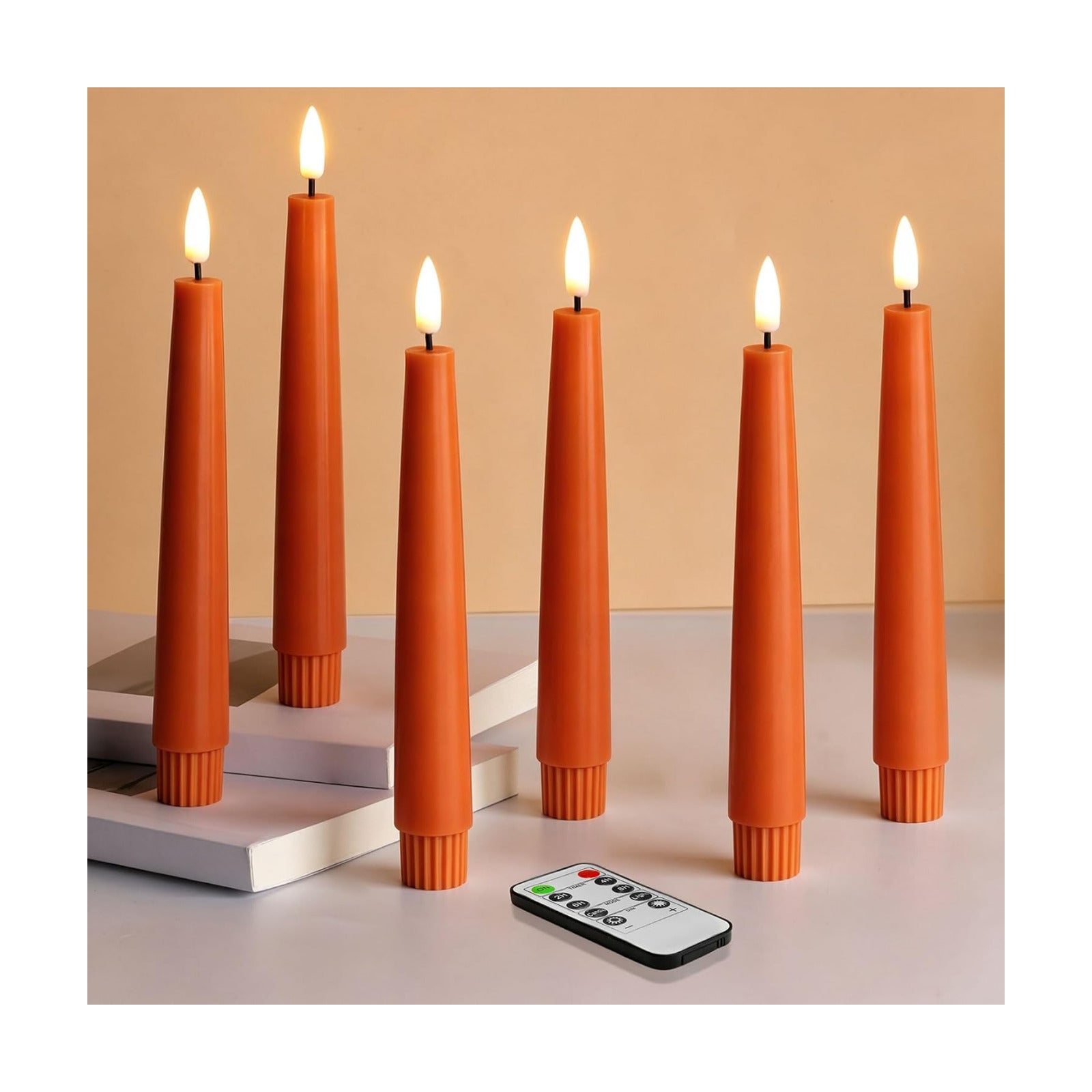Short Burnt Orange Fall LED Taper Candles with Remote Set of 6 | Flickering Halloween LED Candlesticks, Real Wax