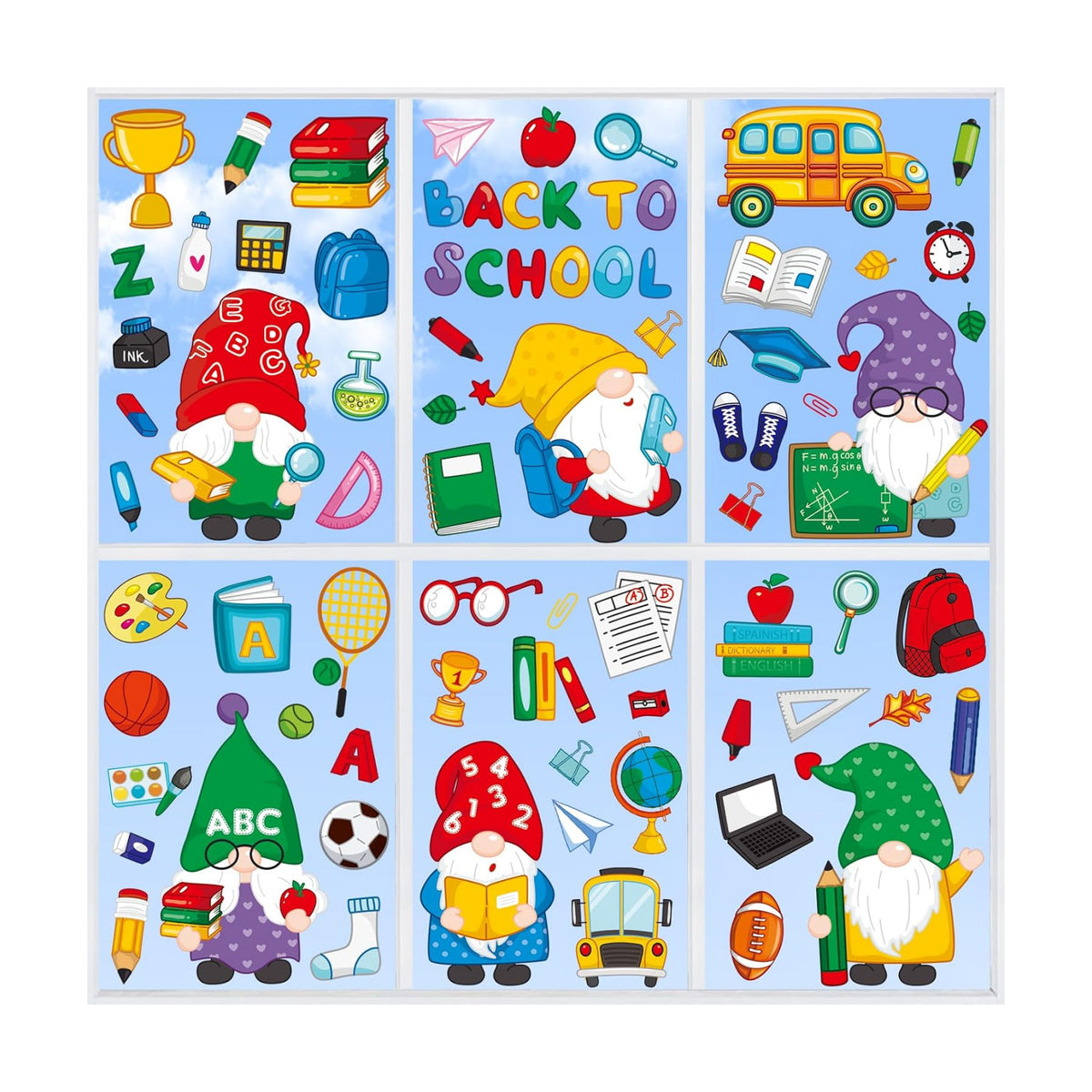 100 Pieces Double-Sided Back to School Gnome Theme Window Clings - Classroom Stickers and Decals for Glass Summer Decor
