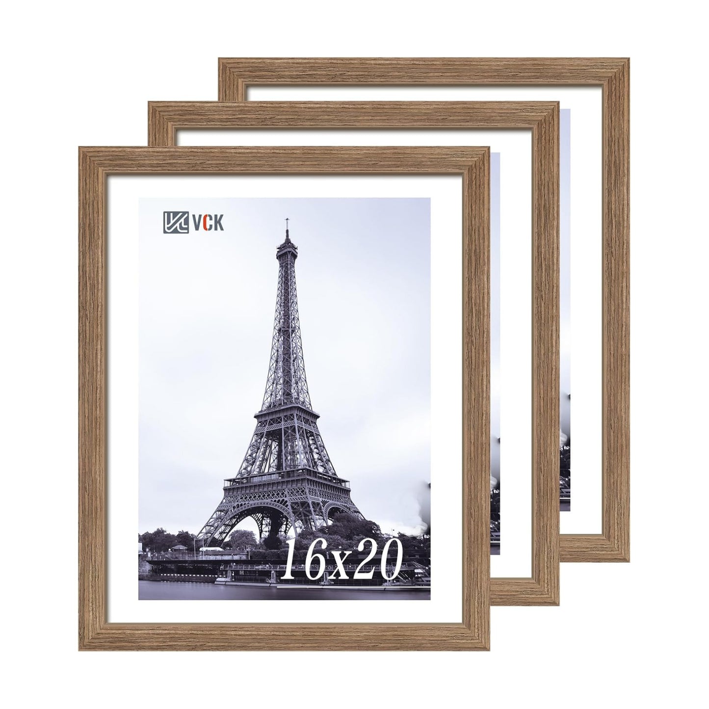 VCK 16x20 Frames 3 Pack, Walnut Poster Frame MDF Wood with Polished Plexiglass, Wall Mounting Horizontal & Vertical