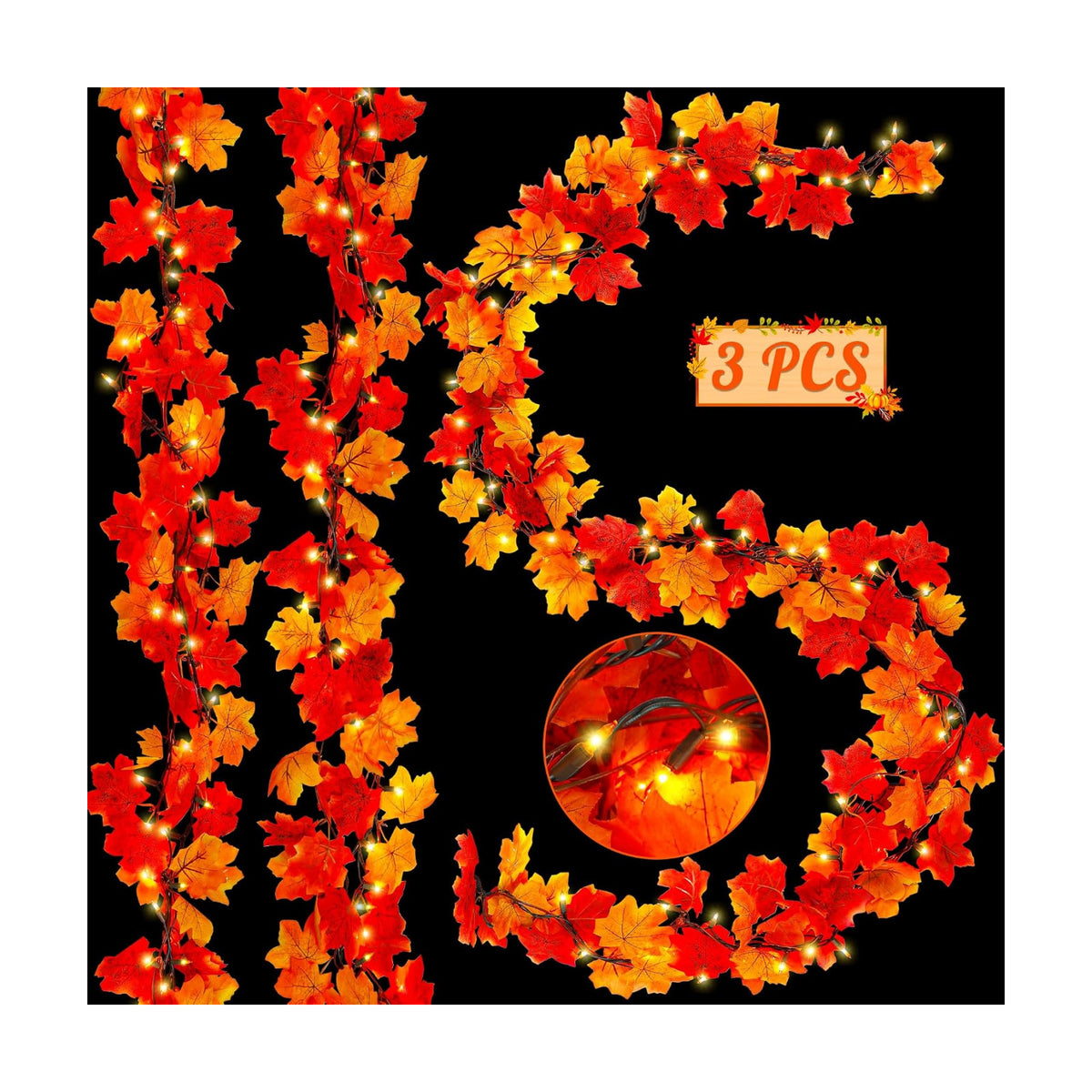 3Pack 27FT Plug in Fall Maple Leaves Garland with Lights 150 Orange Bulbs