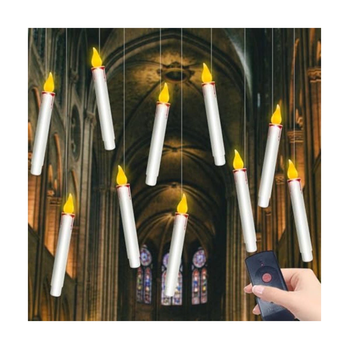 Floating Candles with Remote, 10 PCs Hanging Candles, Flickering Warm Light Flameless Floating LED Candle, Battery Operated Window Taper Candle Set for Halloween Home Party Decoration-White