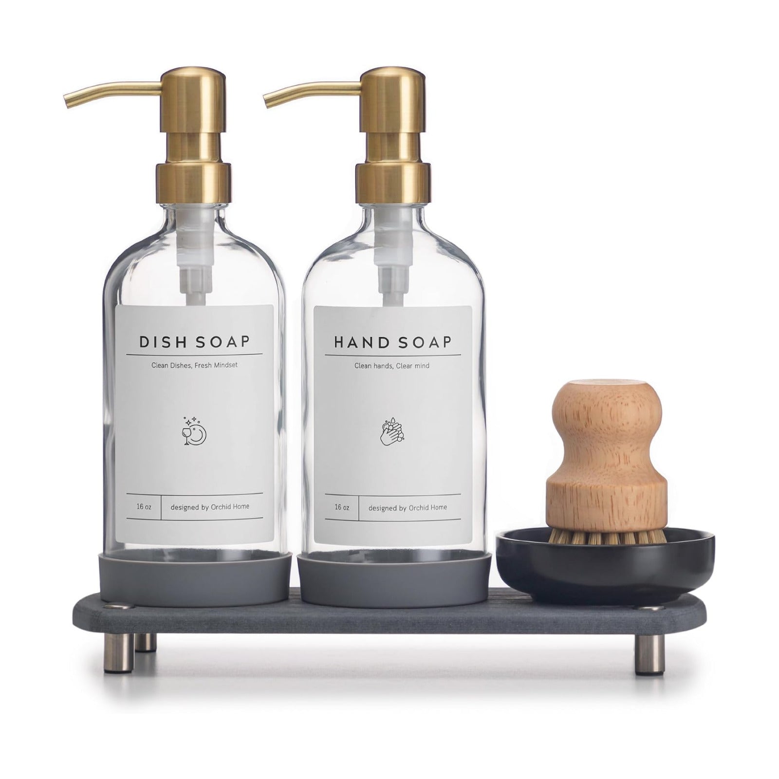 [Luxury] Kitchen Soap Dispenser Set - 16OZ Clear Glass Bottle, Stainless Steel Pump, Instant Dry Tray, Waterproof