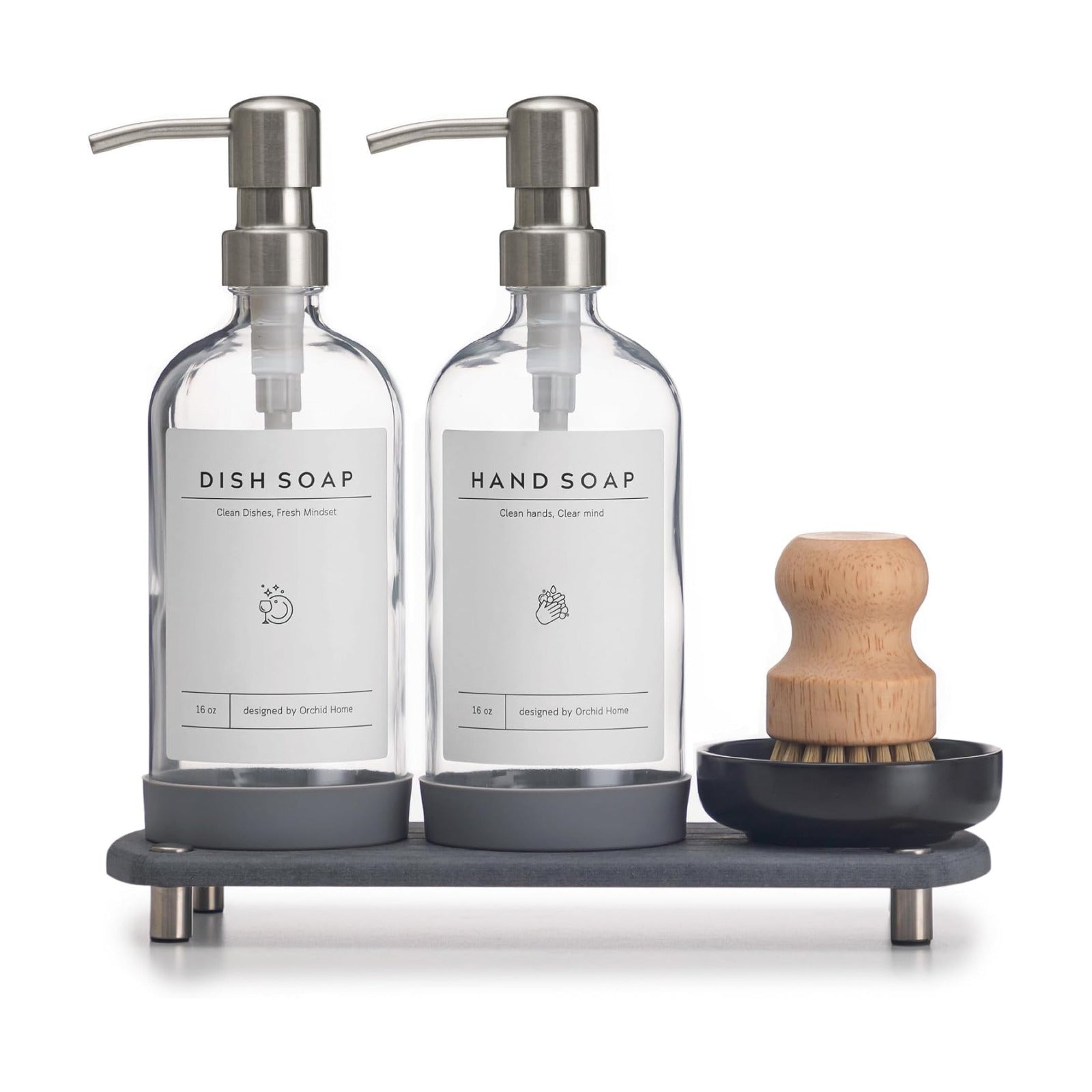 [Luxury] Kitchen Soap Dispenser Set - 16OZ Clear Glass Bottle, Stainless Steel Pump, Instant Dry Tray, Waterproof