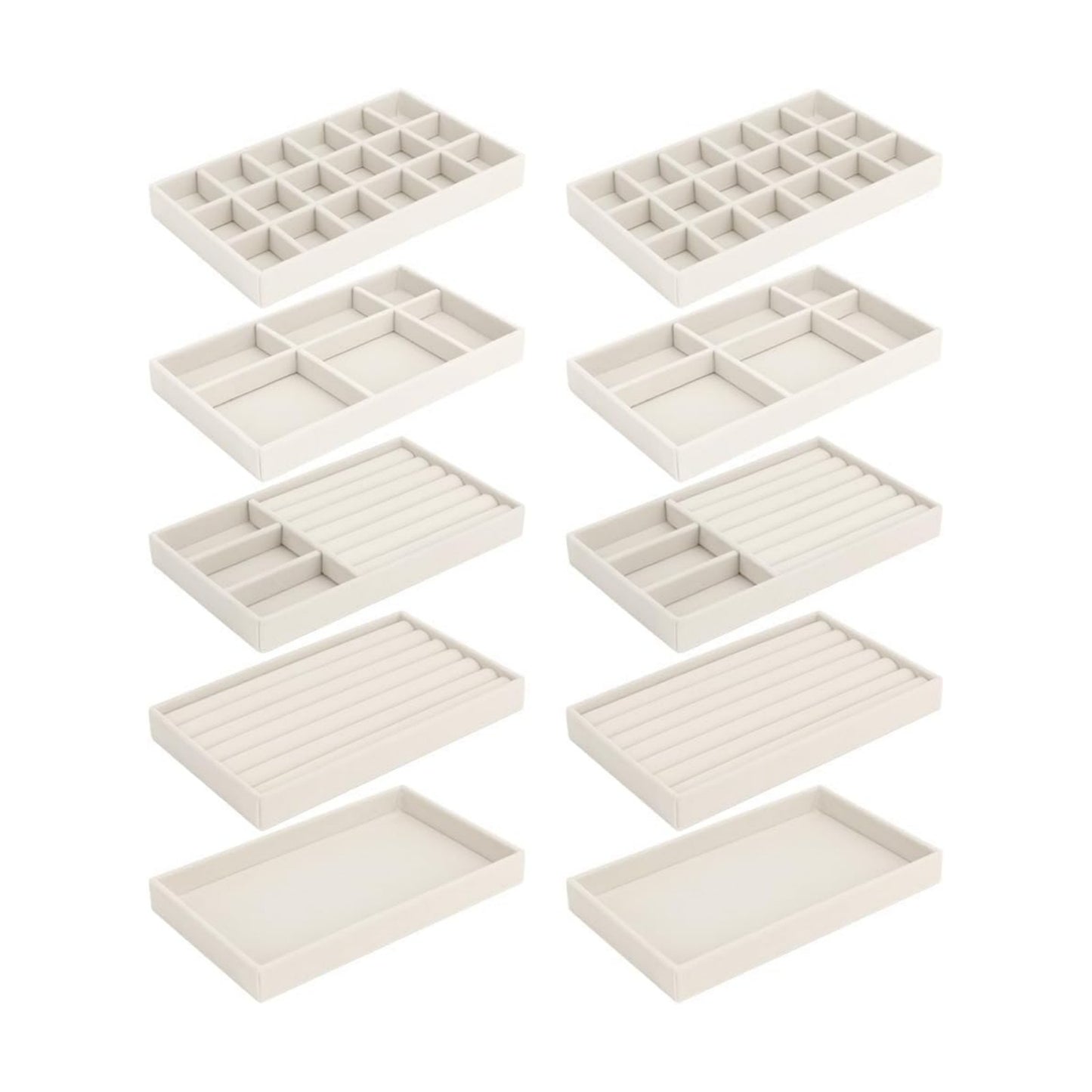 Jewelry Organizer Tray Drawer Inserts Stackable Velvet Liner Dividers / Beige / Set of 10