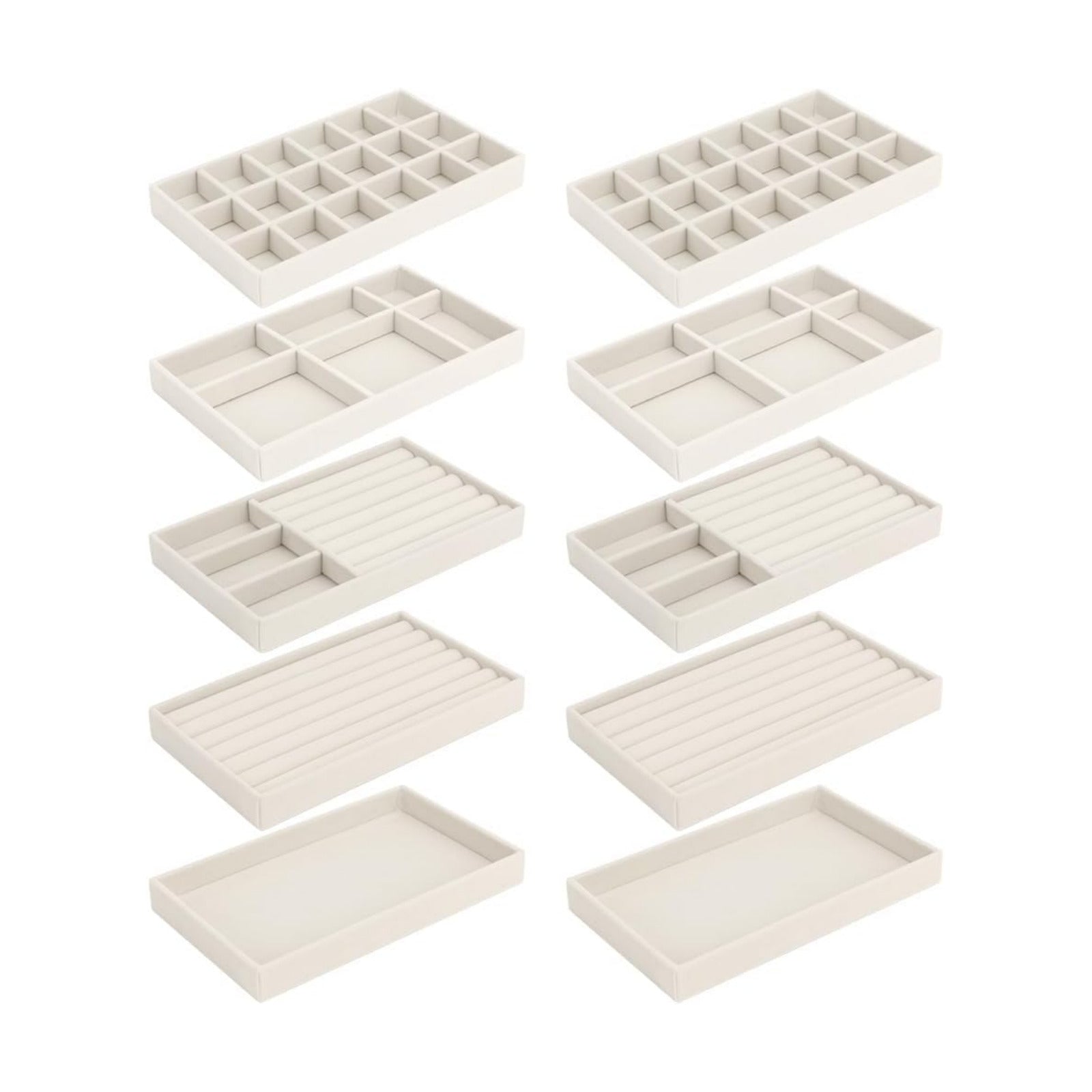 Jewelry Organizer Tray Drawer Inserts Stackable Velvet Liner Dividers / Beige / Set of 10