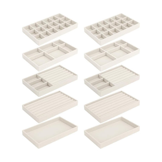 Jewelry Organizer Tray Drawer Inserts Stackable Velvet Liner Dividers / Beige / Set of 10