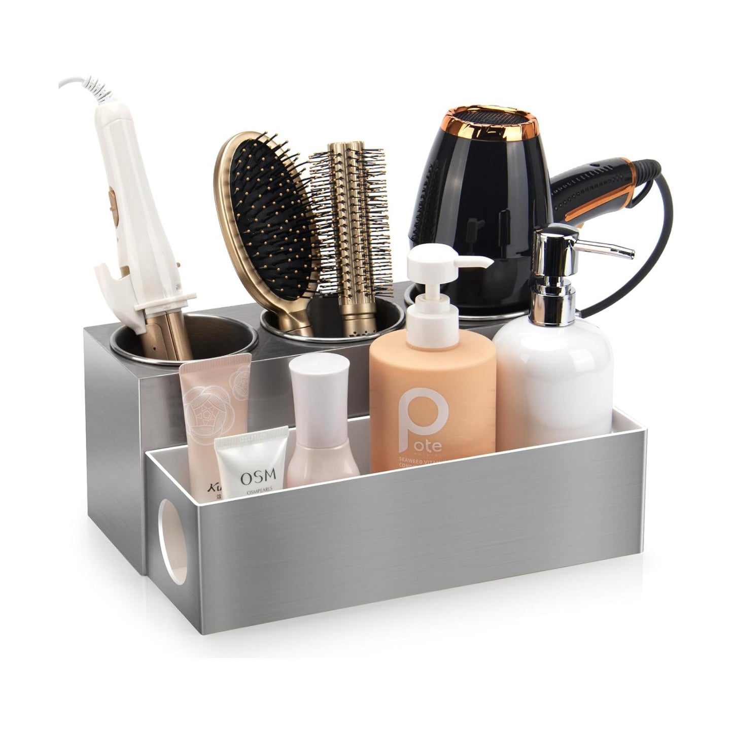 GFWARE Hot Hair Styling Tool Organizer with 3 Stainless Steel Cups, Silver | Bathroom Vanity Organizer Storage, Hair