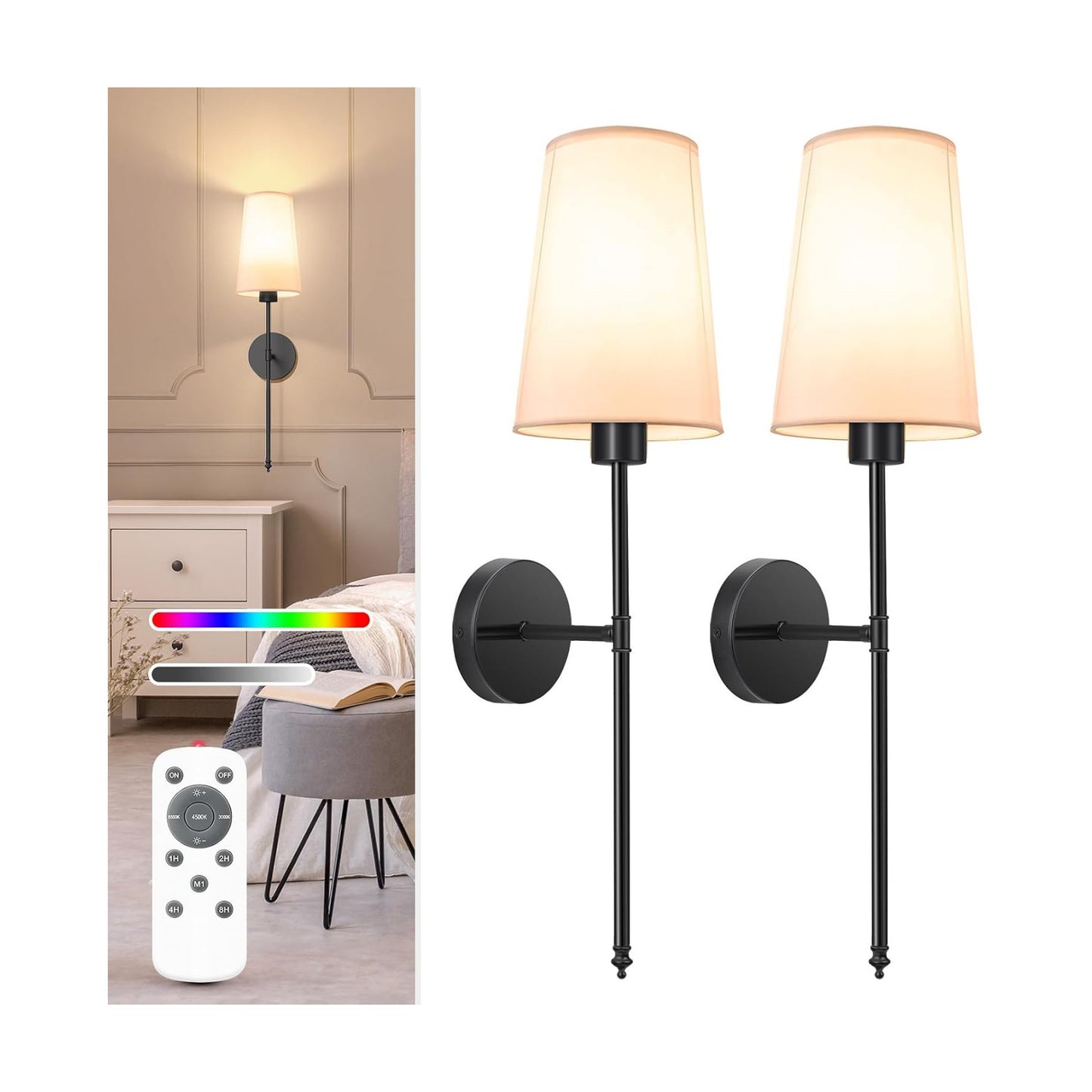 Black Battery Operated Wall Sconce Set of 2,Rechargeable Wall Lights with 10400mAh Dimmable Detachable Bulbs and