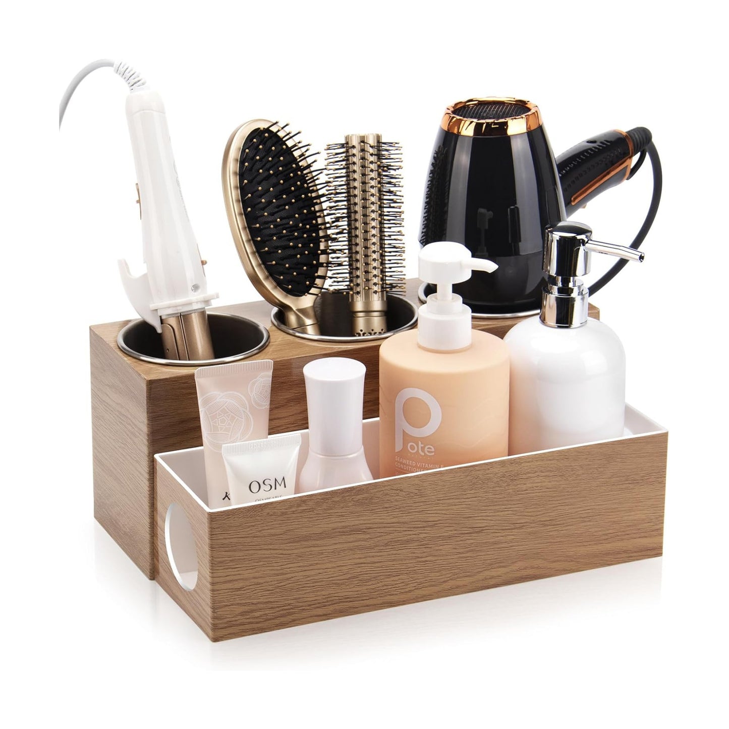 GFWARE Hot Hair Styling Tool Organizer with 3 Stainless Steel Cups, Wood | Hair Accessories Bathroom Vanity Storage
