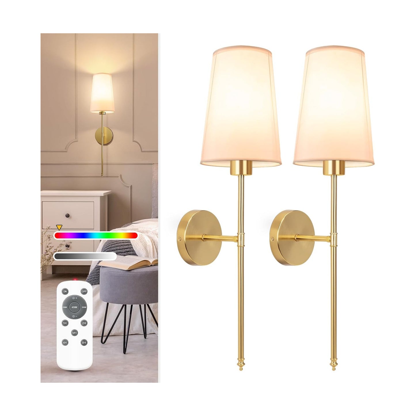 Gold Battery Operated Wall Sconce Set of 2,Rechargeable Wall Lights with 10400mAh Dimmable Detachable Bulbs and