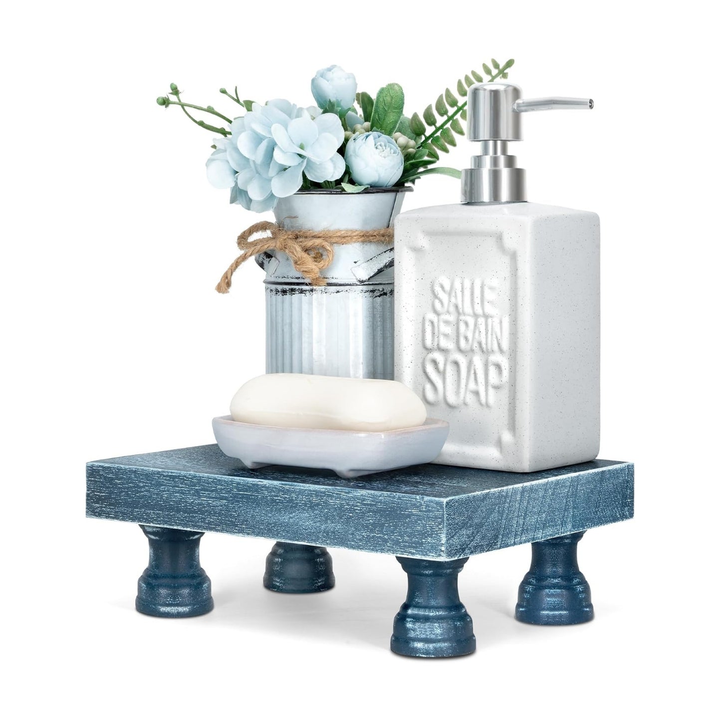 EOSAHR Square Wood Riser Display Stand for Dusty Blue Bathroom Decor, Blue | 8.5" Display Riser, Plant Stand, Perfume