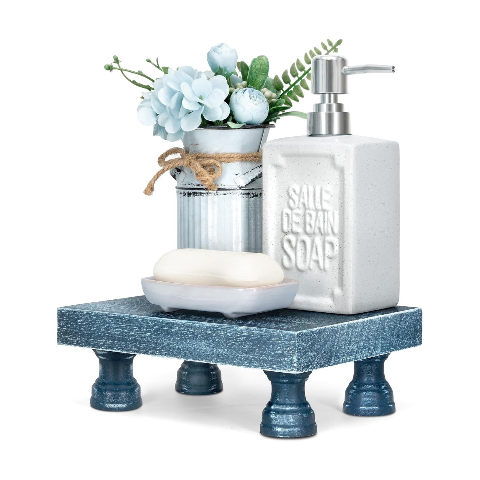 EOSAHR Square Wood Riser Display Stand for Dusty Blue Bathroom Decor, Blue | 8.5" Display Riser, Plant Stand, Perfume