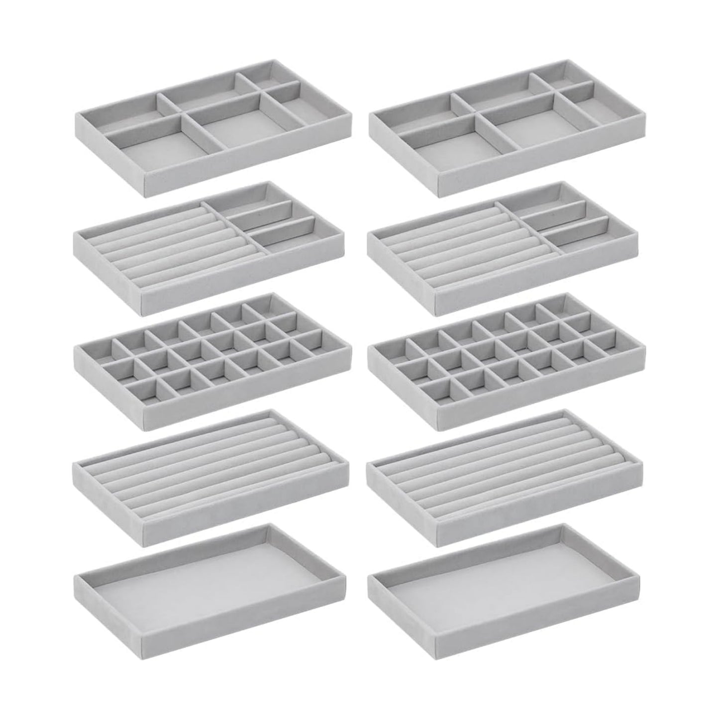 Jewelry Organizer Tray Drawer Inserts Stackable Velvet Liner Dividers / Grey / Set of 10