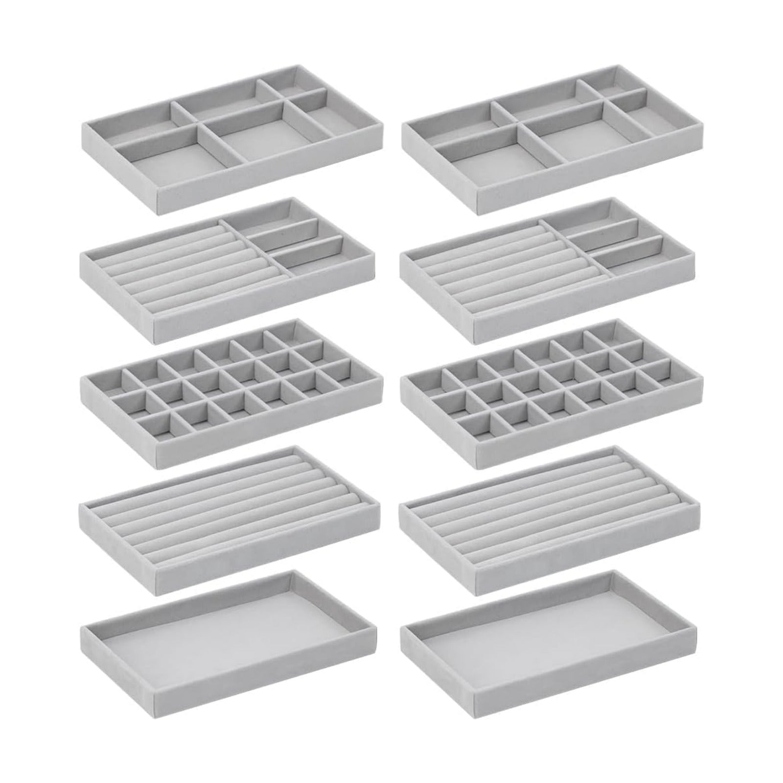 Jewelry Organizer Tray Drawer Inserts Stackable Velvet Liner Dividers / Grey / Set of 10