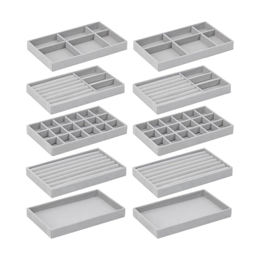 Jewelry Organizer Tray Drawer Inserts Stackable Velvet Liner Dividers / Grey / Set of 10