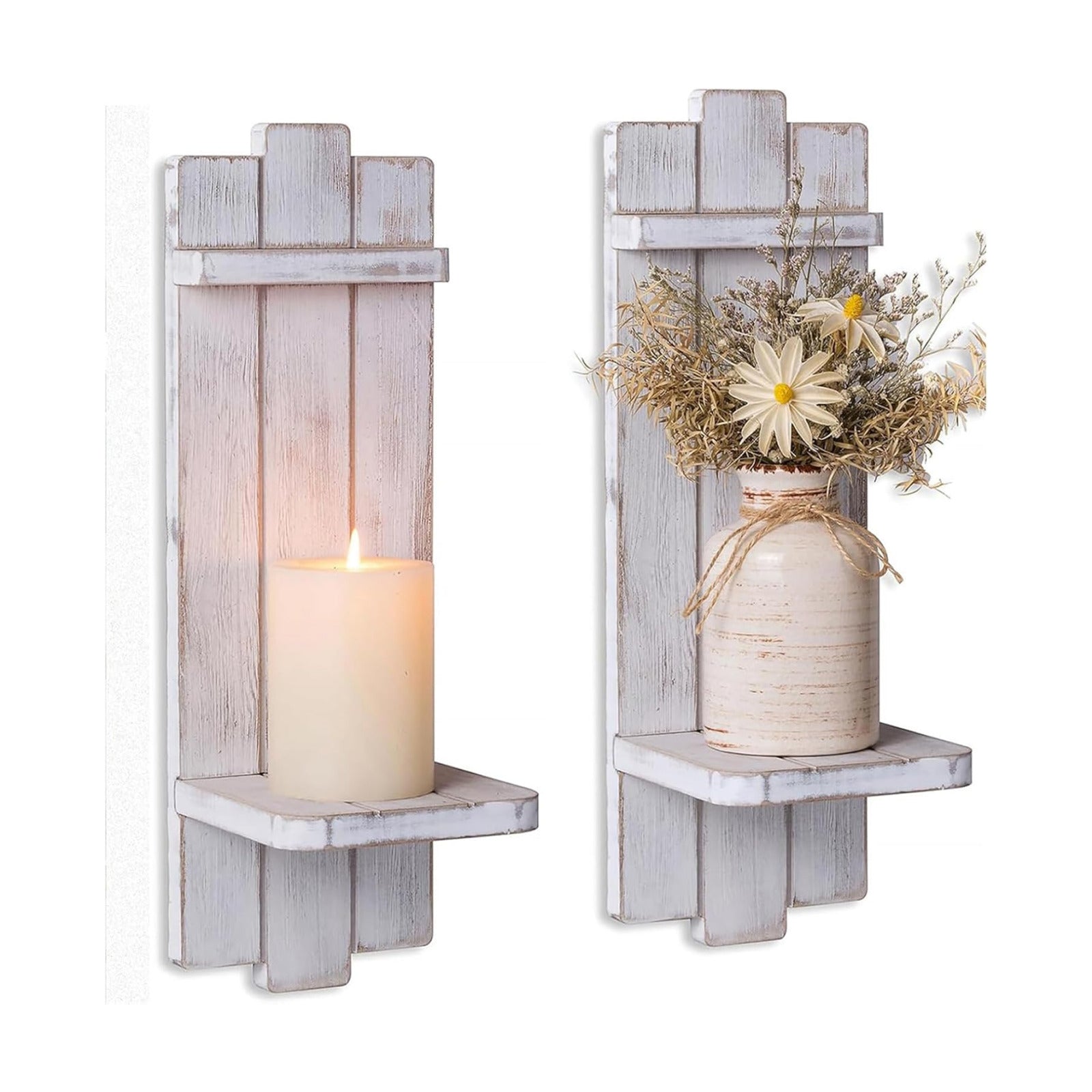 Set of Two Rustic Wood Wall Candle Holder / Distressed White / 15.7 x 5.1