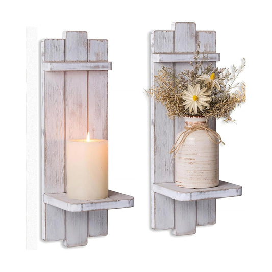 Set of Two Rustic Wood Wall Candle Holder / Distressed White / 15.7 x 5.1