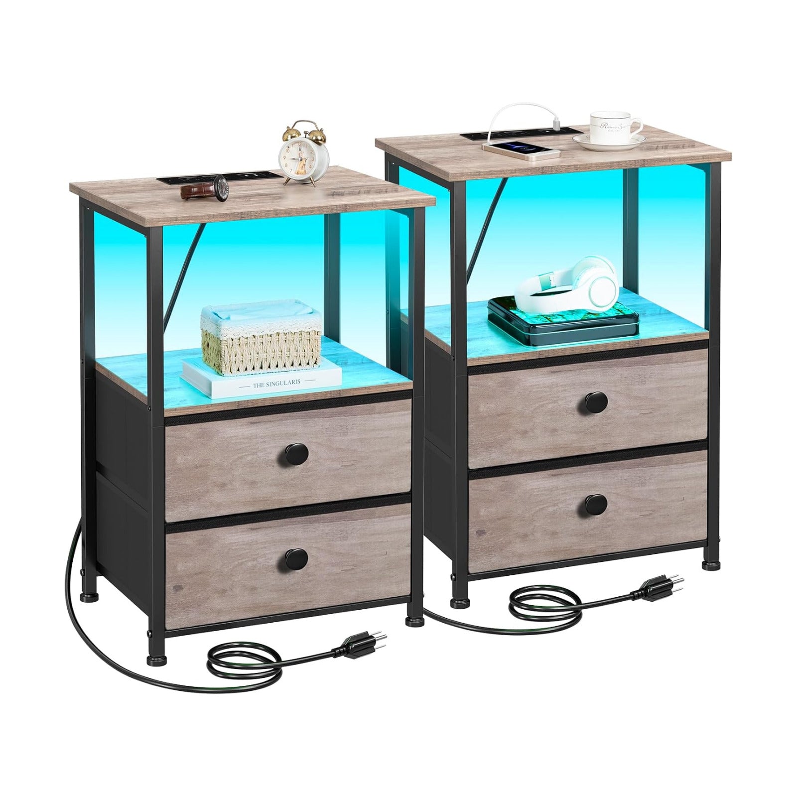 LOAKEKEL Nightstands Set of 2, LED Night Stand with Charging Station