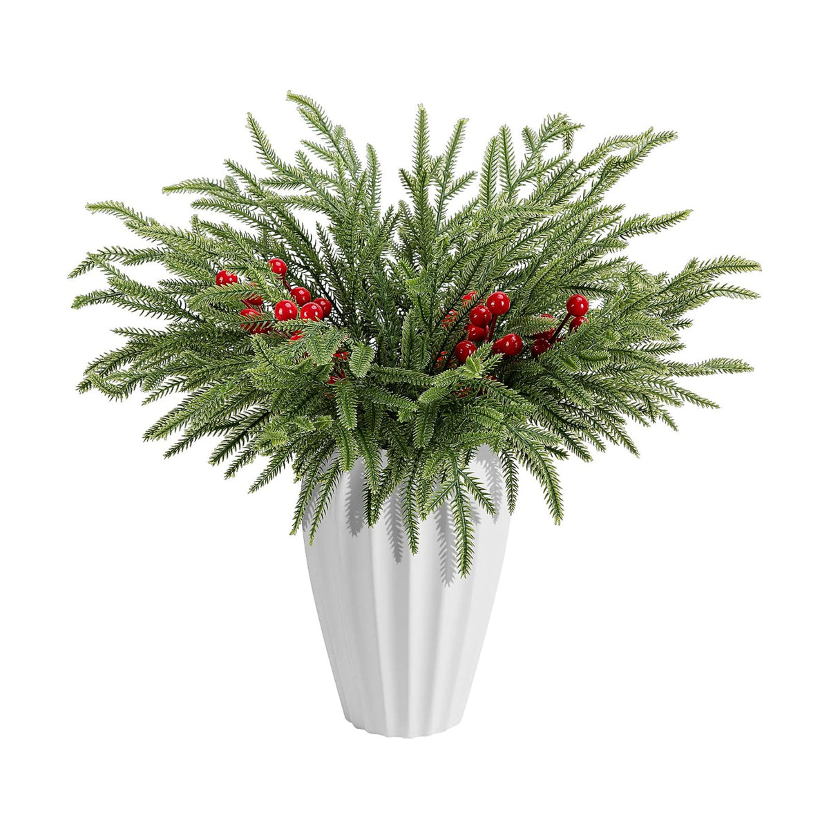 45 Pcs Christmas Norfolk Pine Branches Red Berry Stem Faux Christmas Sprigs