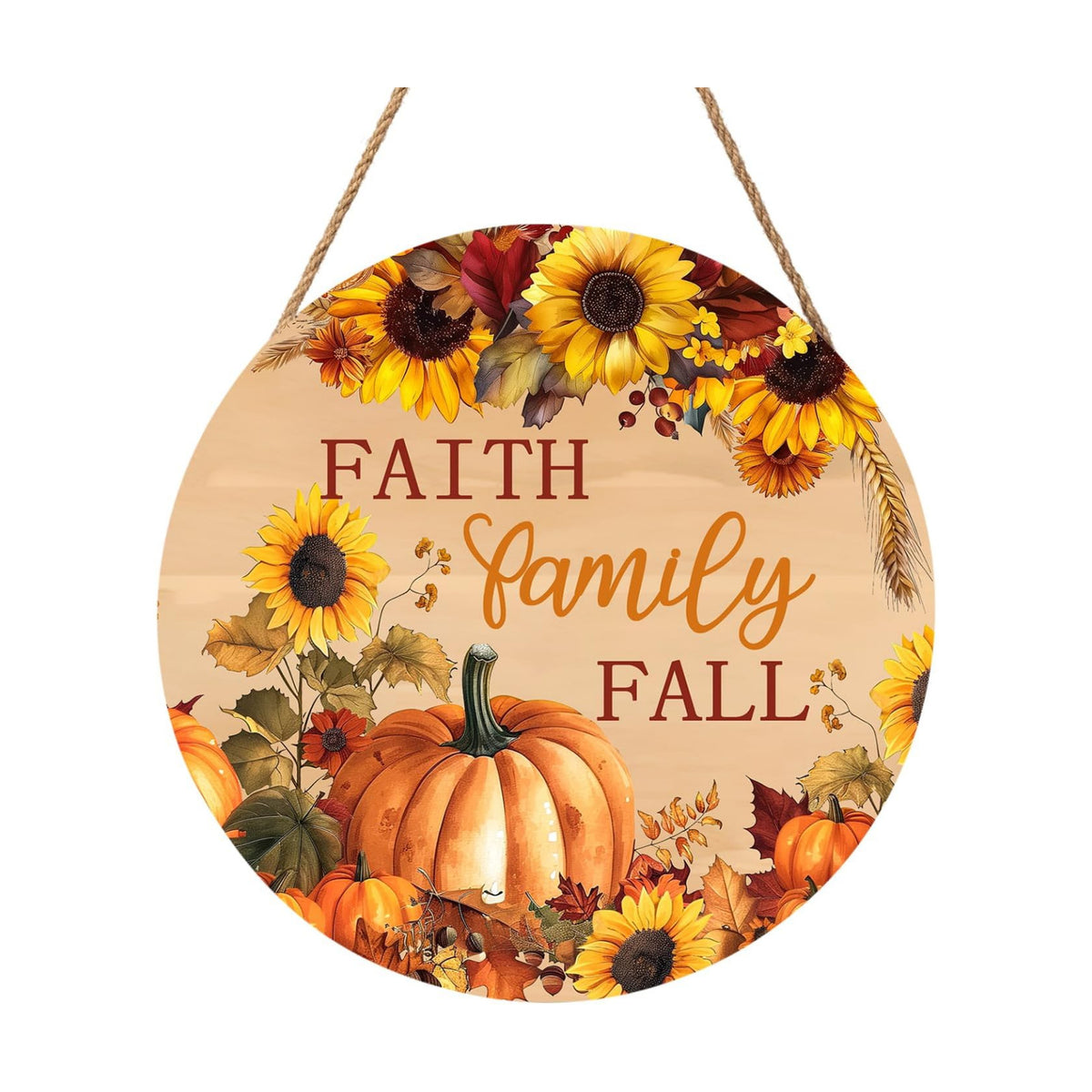 Faith Family Fall Front Door Sign Fall Sunflower Pumpkin Door Decorations Wood Sign Autumn Harvest Wreath Door Hanger Farmhouse Fall Plaques Wall Hanging Decoration for Home Proch Yard 12"x12"