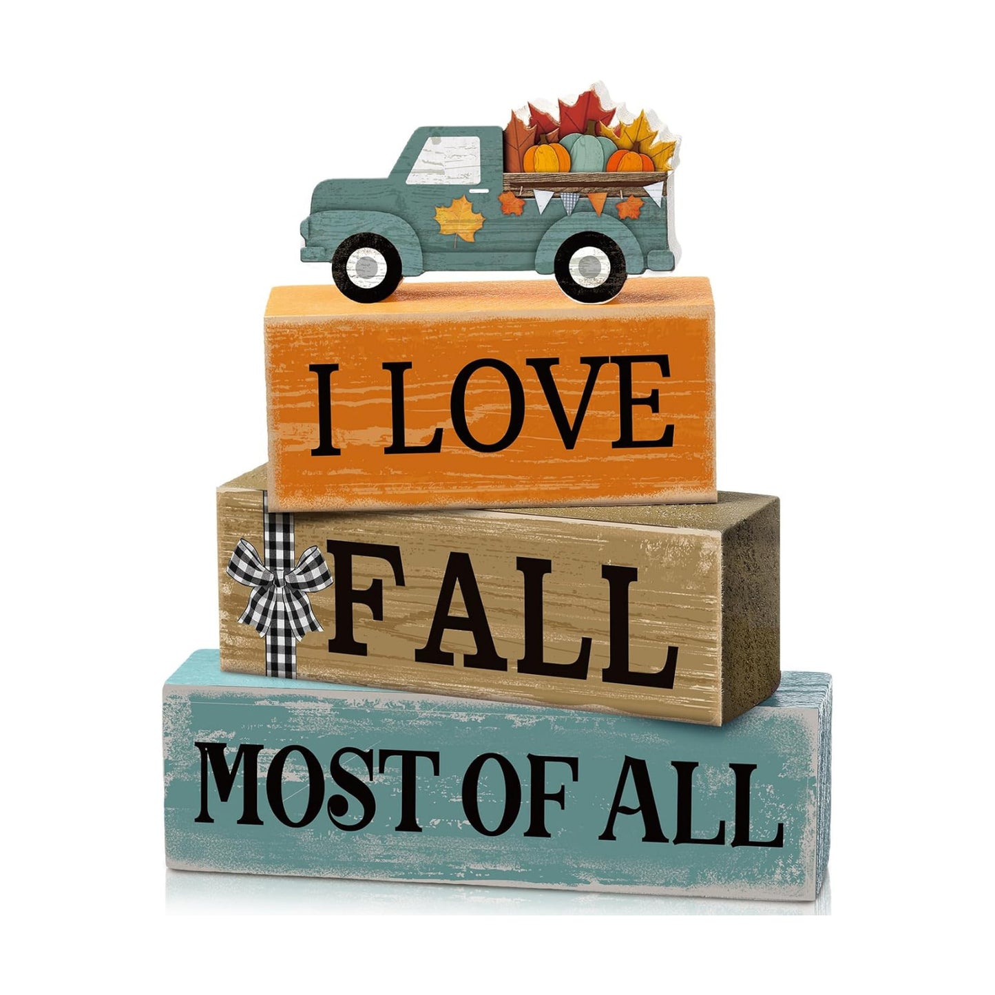 Moucuny 4 Pcs Fall Truck Table Decor, I Love Fall Wood Block Sign Home Tray