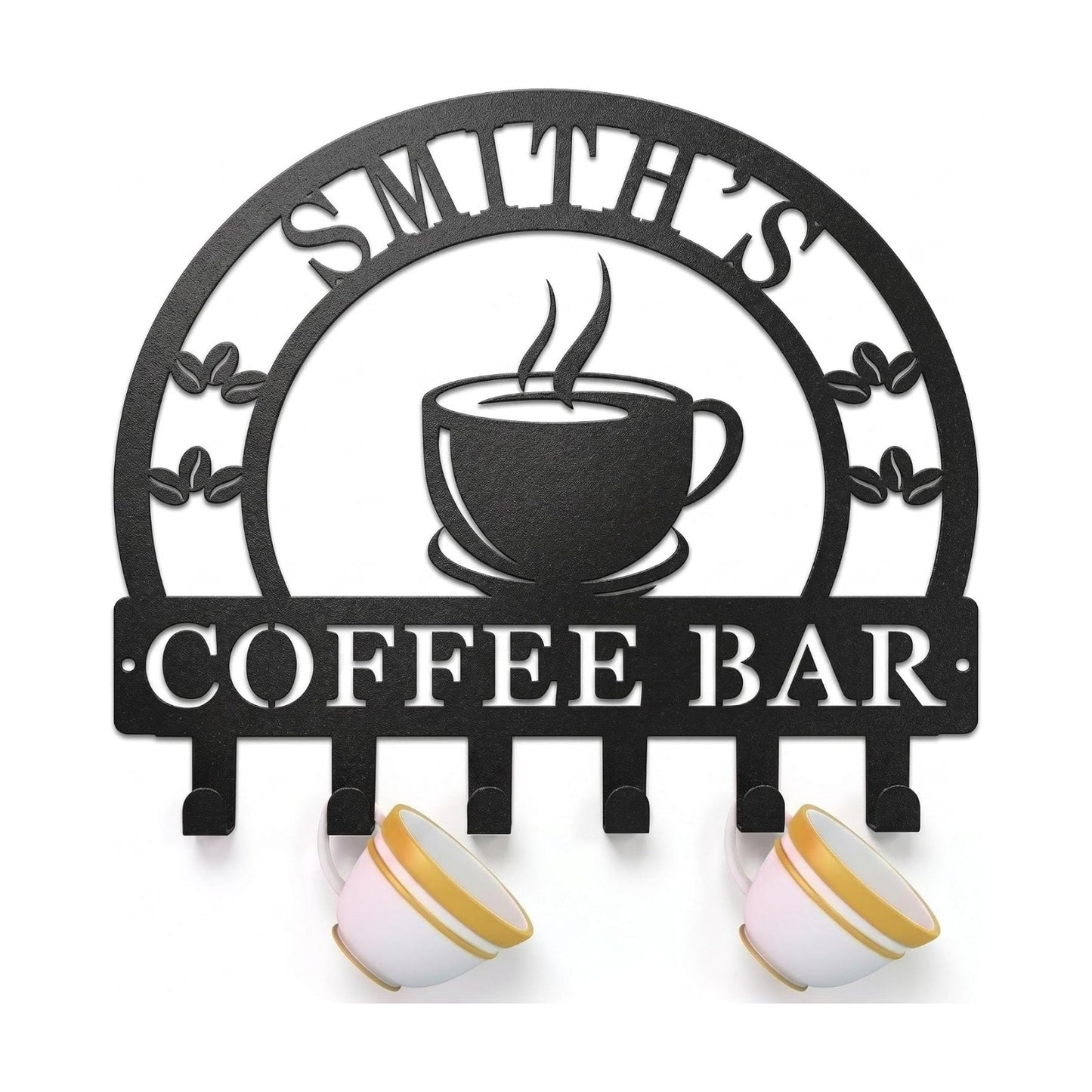 Personalized Coffee Mug Holder Wall Mounted, Custom Name Metal Coffee Bar Sign, Modern Coffee Station Decor & Cup Rack