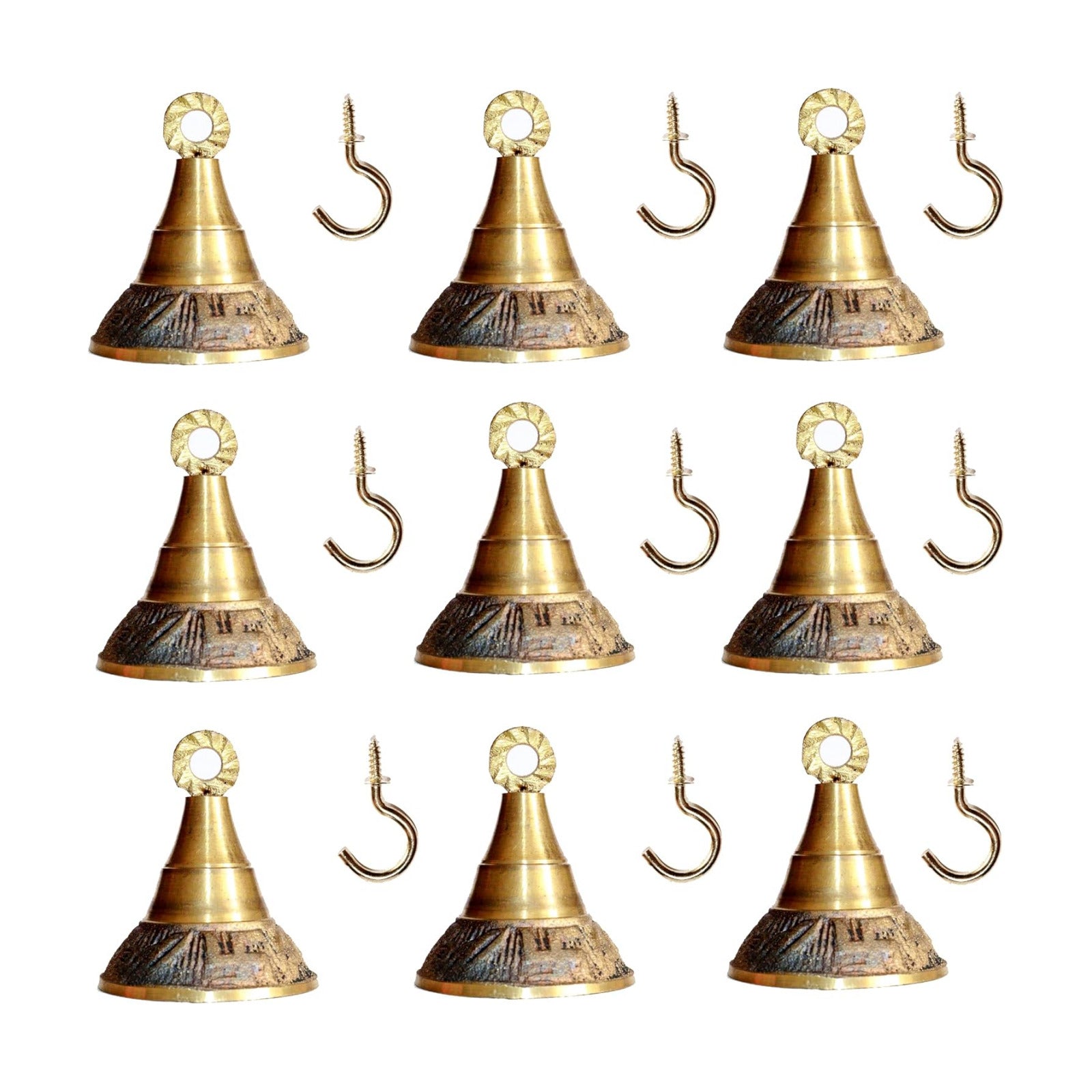 Solid Brass Pooja Bells with J Hook Home Decor Christmas Bell Wall Hanging Jingle Bell Ornaments New (24, Carving Bells