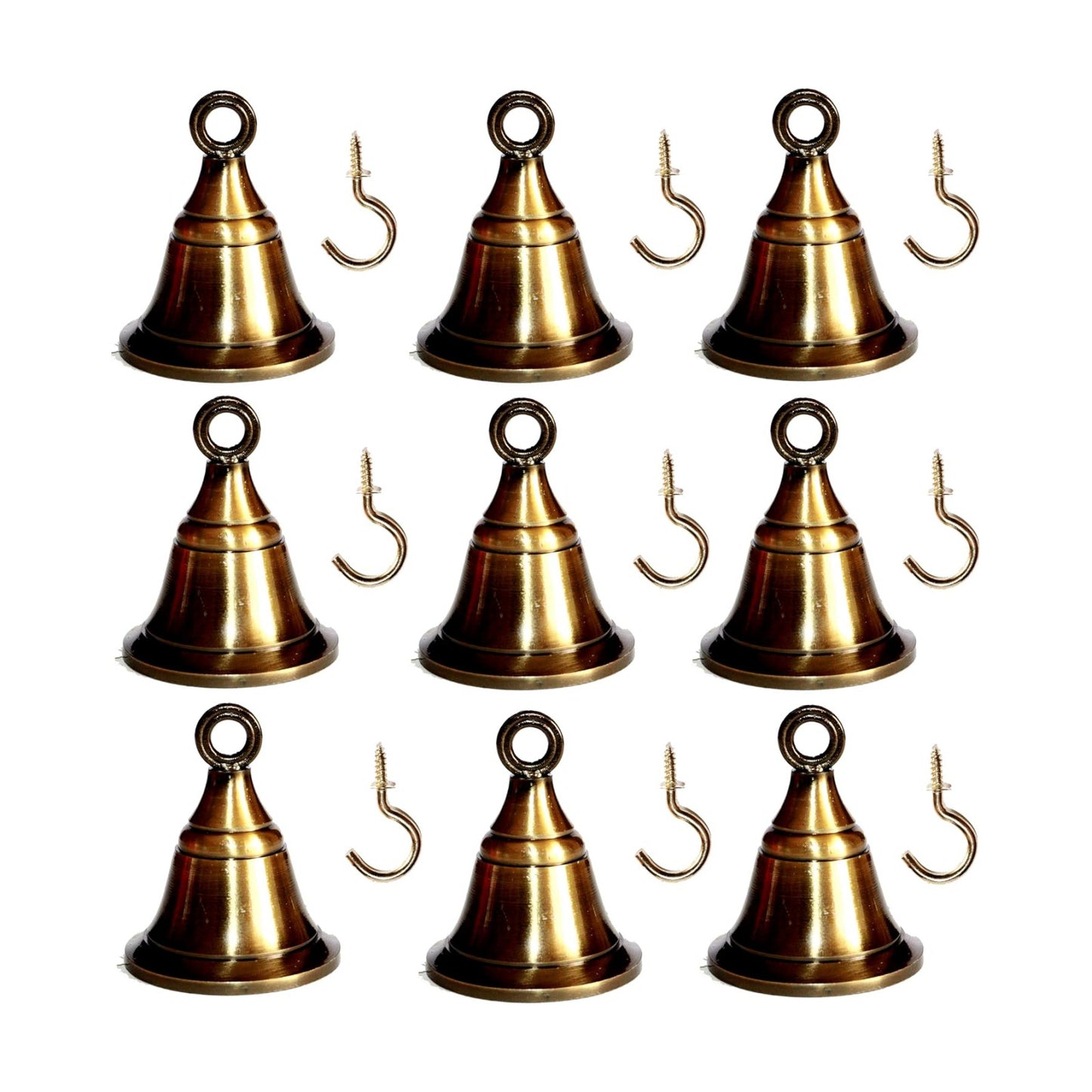 Solid Brass Pooja Bells with J Hook Home Decor Christmas Bell Wall Hanging Jingle Bell Ornaments New (24, Antique Look