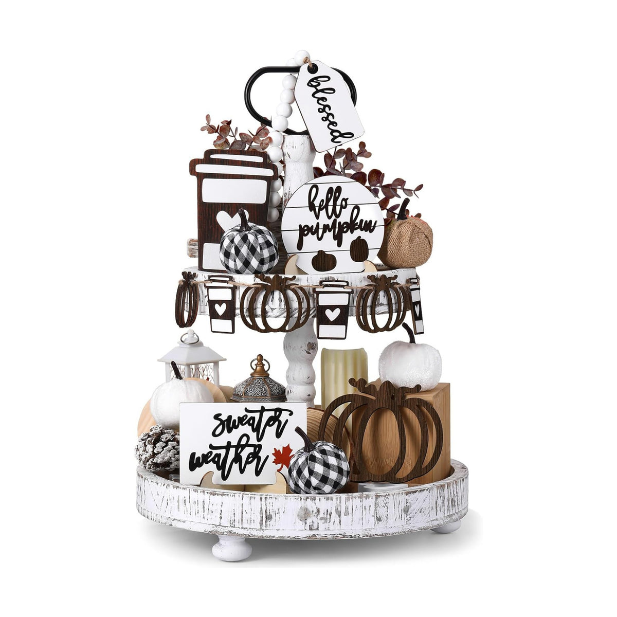 FairySandy 19 Pcs Fall Tiered Tray Decor Set, Hello Pumpkin