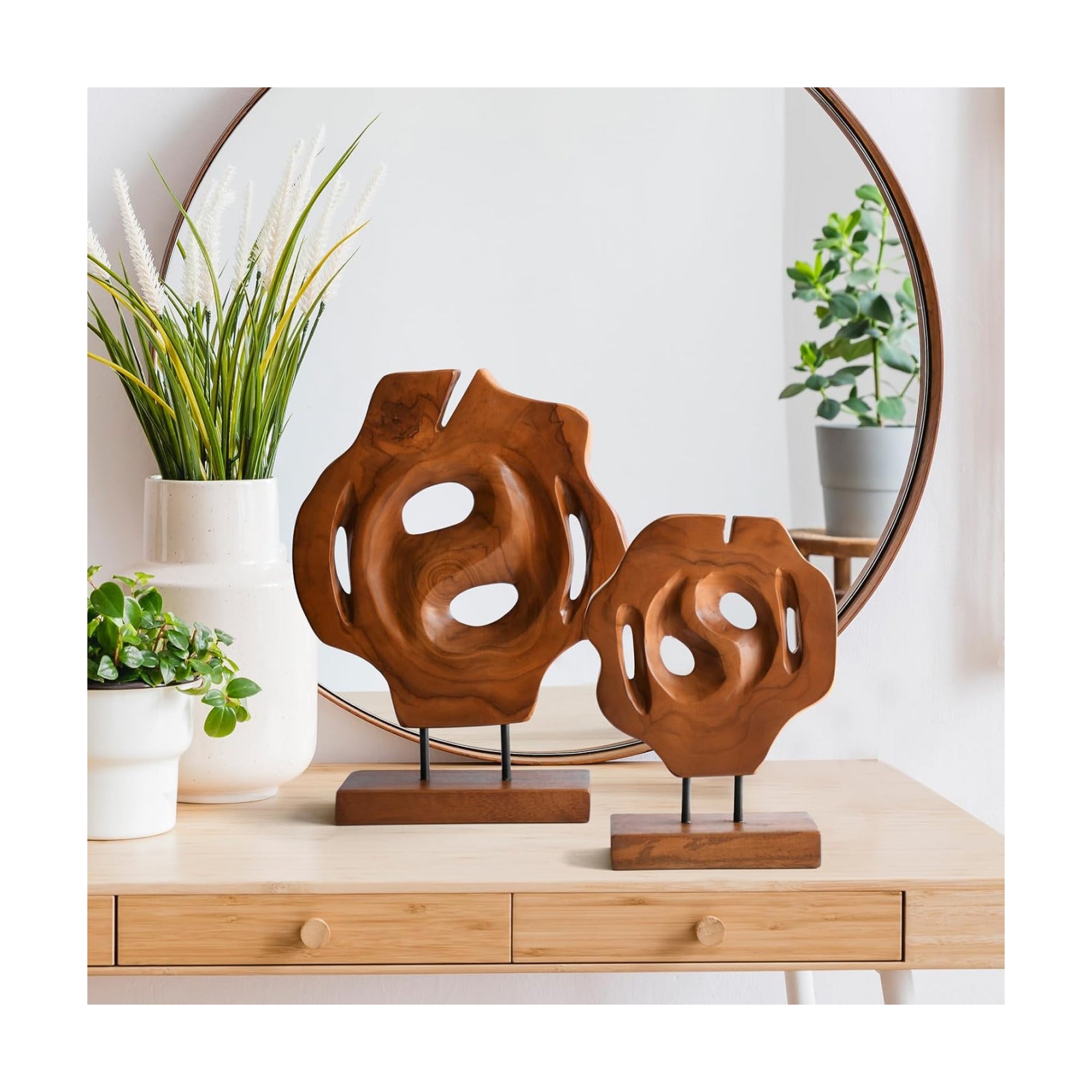 Geometric Teak Wood Sculptures on Metal Stand / Natural / Set of 2