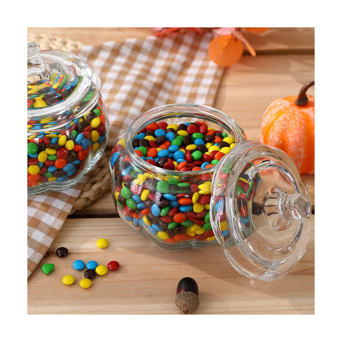 Halloween Decorations-2 PCS Glass Pumpkin Jars with Lid Candy Storage