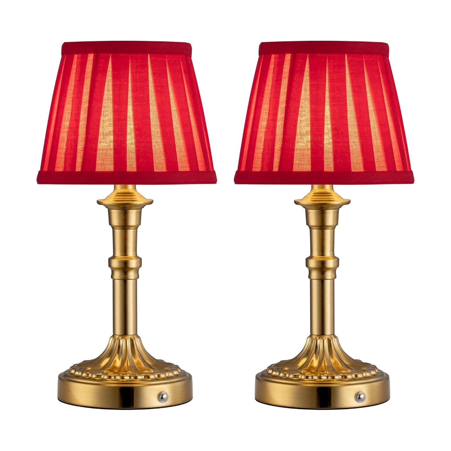 KDG Gold Cordless Table Lamps Set of 2, Red Fabric Shade Small Desk Lamp | Portables 4000mAh Battery Powered, LED
