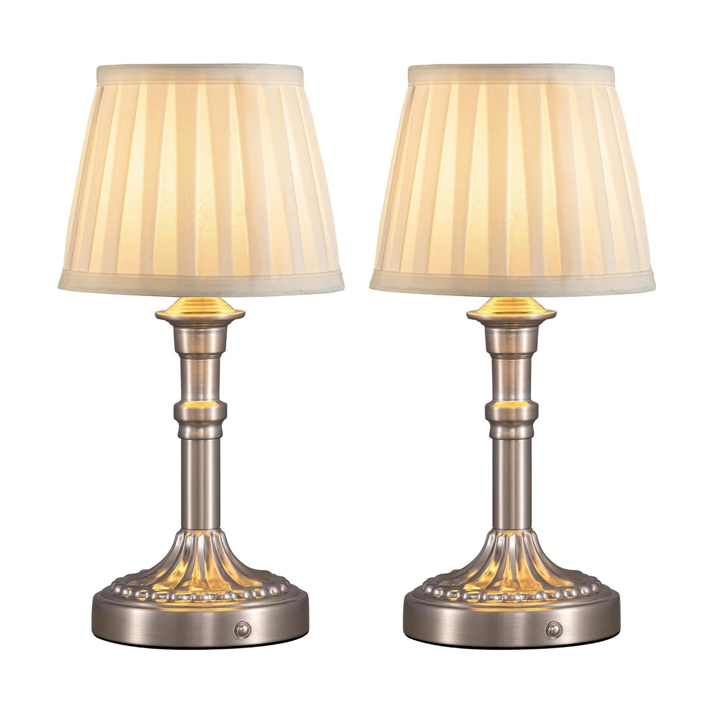 KDG Nickel Cordless Table Lamps Set of 2, Beige Fabric Shade Desk Lamp | Portables 4000mAh Battery Powered, Small LED