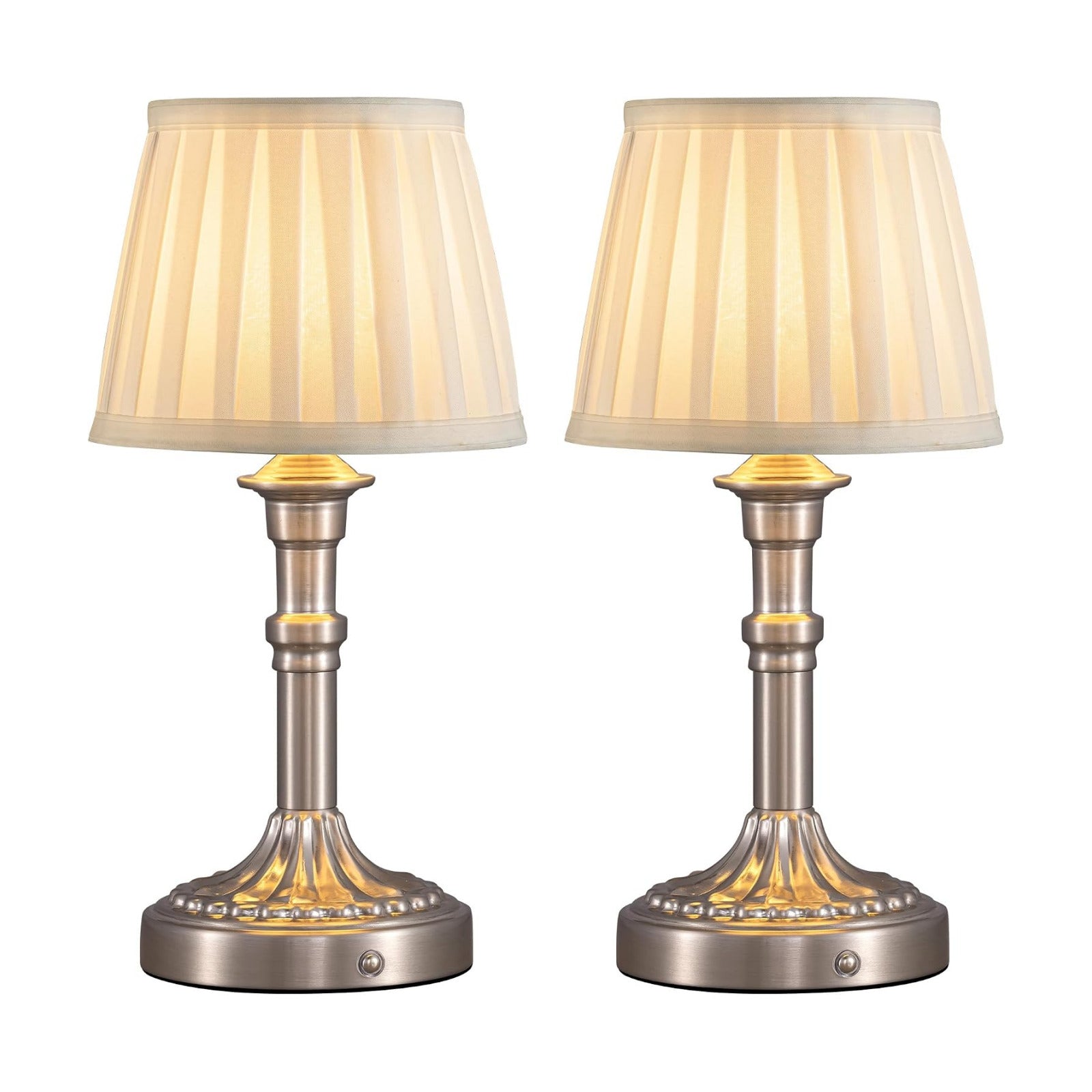 KDG Nickel Cordless Table Lamps Set of 2, Beige Fabric Shade Desk Lamp | Portables 4000mAh Battery Powered, Small LED