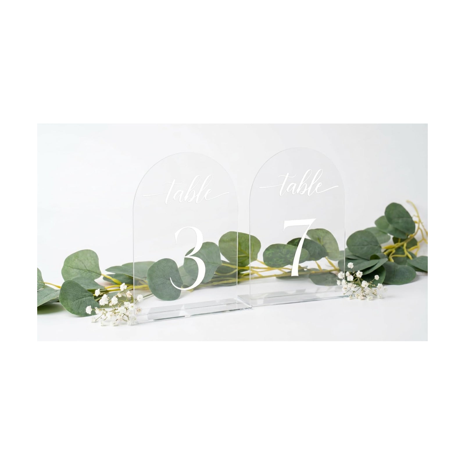 Clear Arch Acrylic Table Numbers for Wedding Reception - 5" x 7" White Font Centerpiece Set with Holder Stands & Head