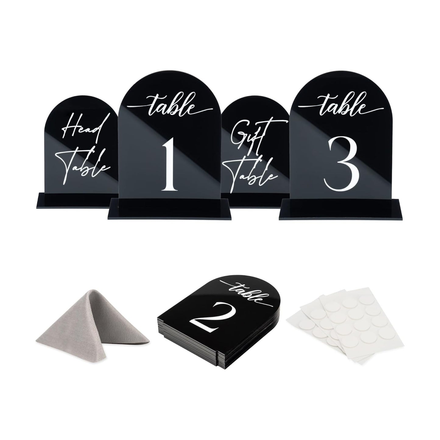 Black Arch Acrylic Table Numbers for Wedding Reception - 5" x 7" White Font Centerpiece Set with Holder Stands & Head