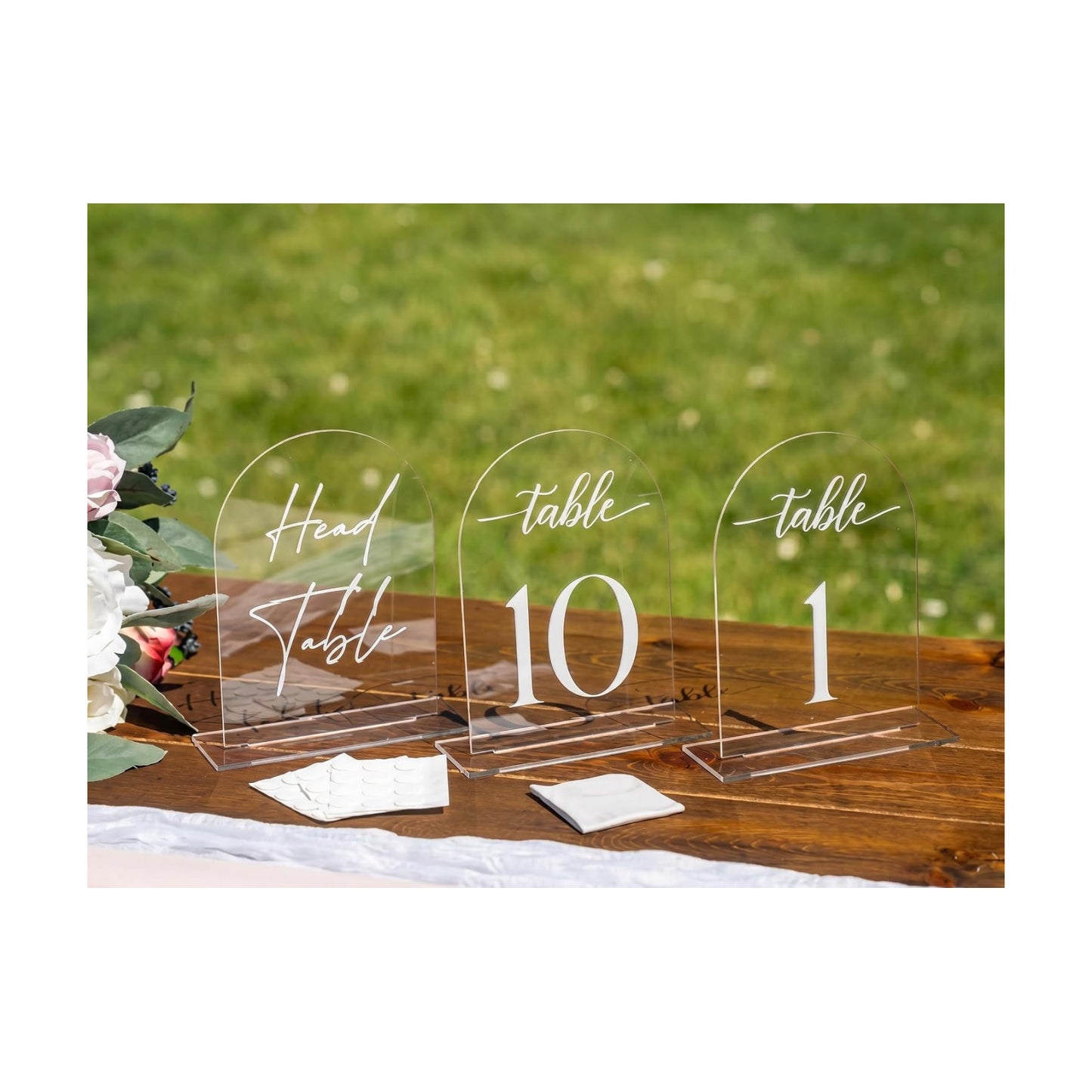 Clear Arch Acrylic Table Numbers for Wedding Reception - 5" x 7" White Font Centerpiece Set with Holder Stands & Head