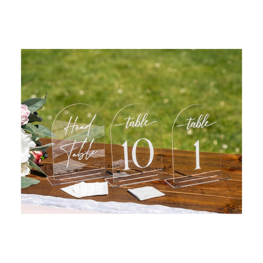 Clear Arch Acrylic Table Numbers for Wedding Reception - 5" x 7" White Font Centerpiece Set with Holder Stands & Head