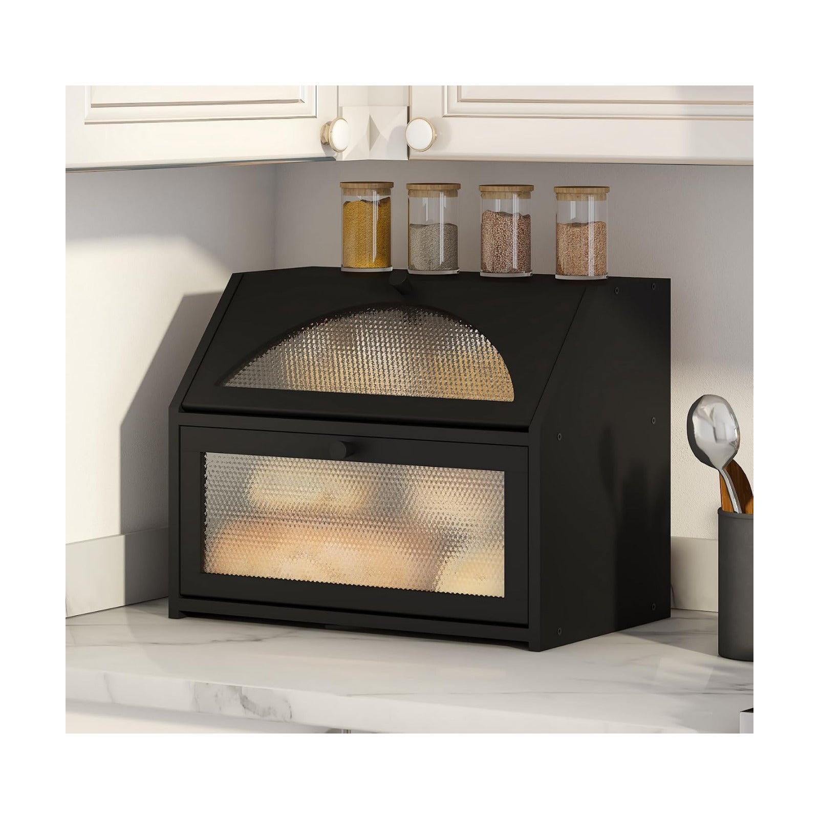 Bread Box, Bamboo Wood Bread Box for Kitchen Counter, Double-layer Bread Storage Bin, Acrylic glass with Diamond