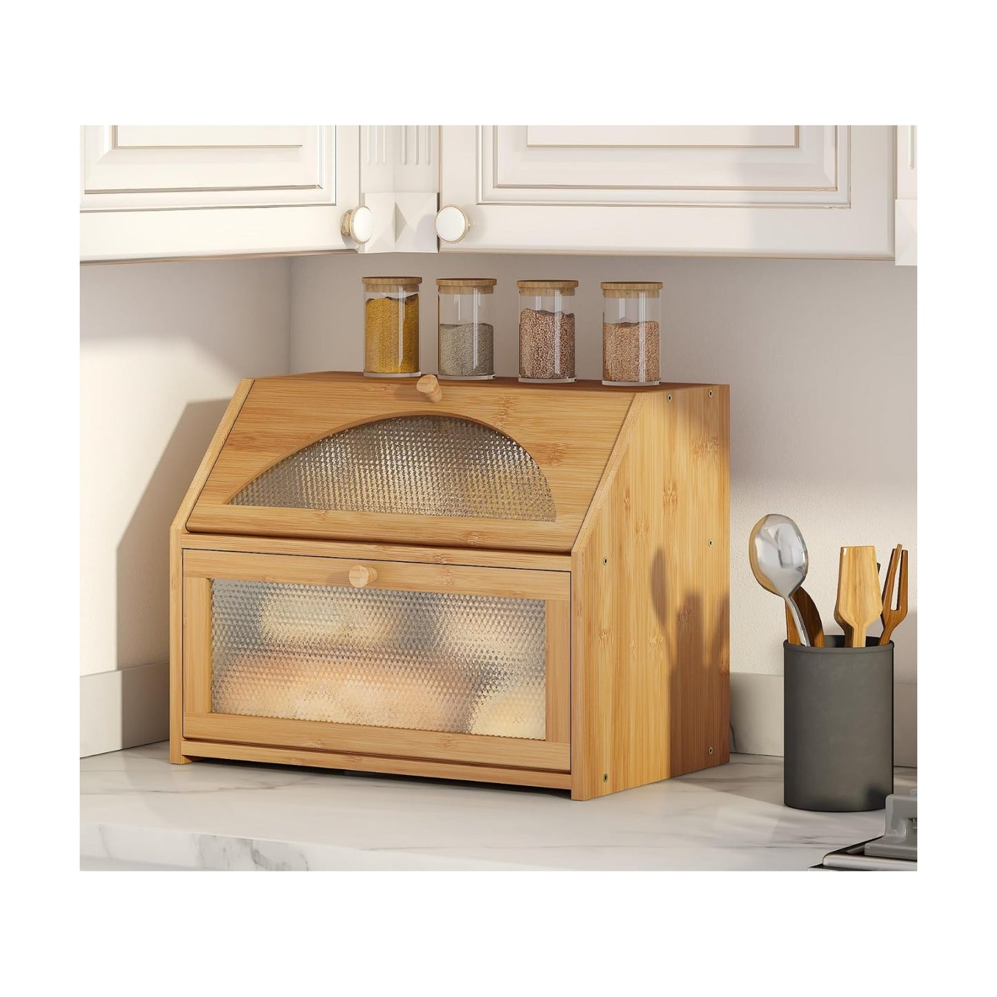 Bread Box, Bamboo Wood Bread Box for Kitchen Counter, Double-layer Bread Storage Bin, Acrylic glass with Diamond