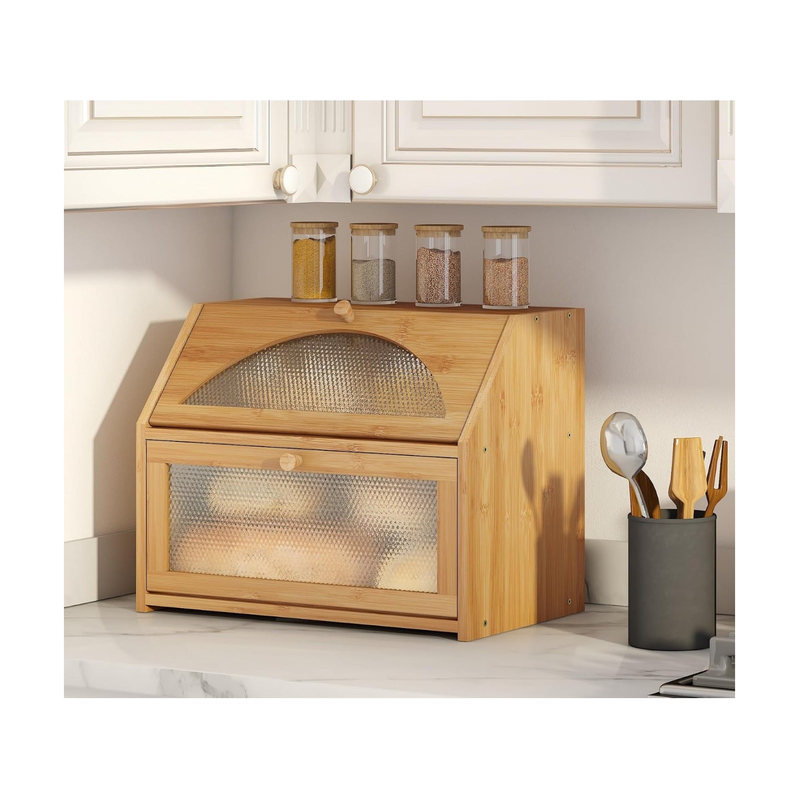 Bread Box, Bamboo Wood Bread Box for Kitchen Counter, Double-layer Bread Storage Bin, Acrylic glass with Diamond