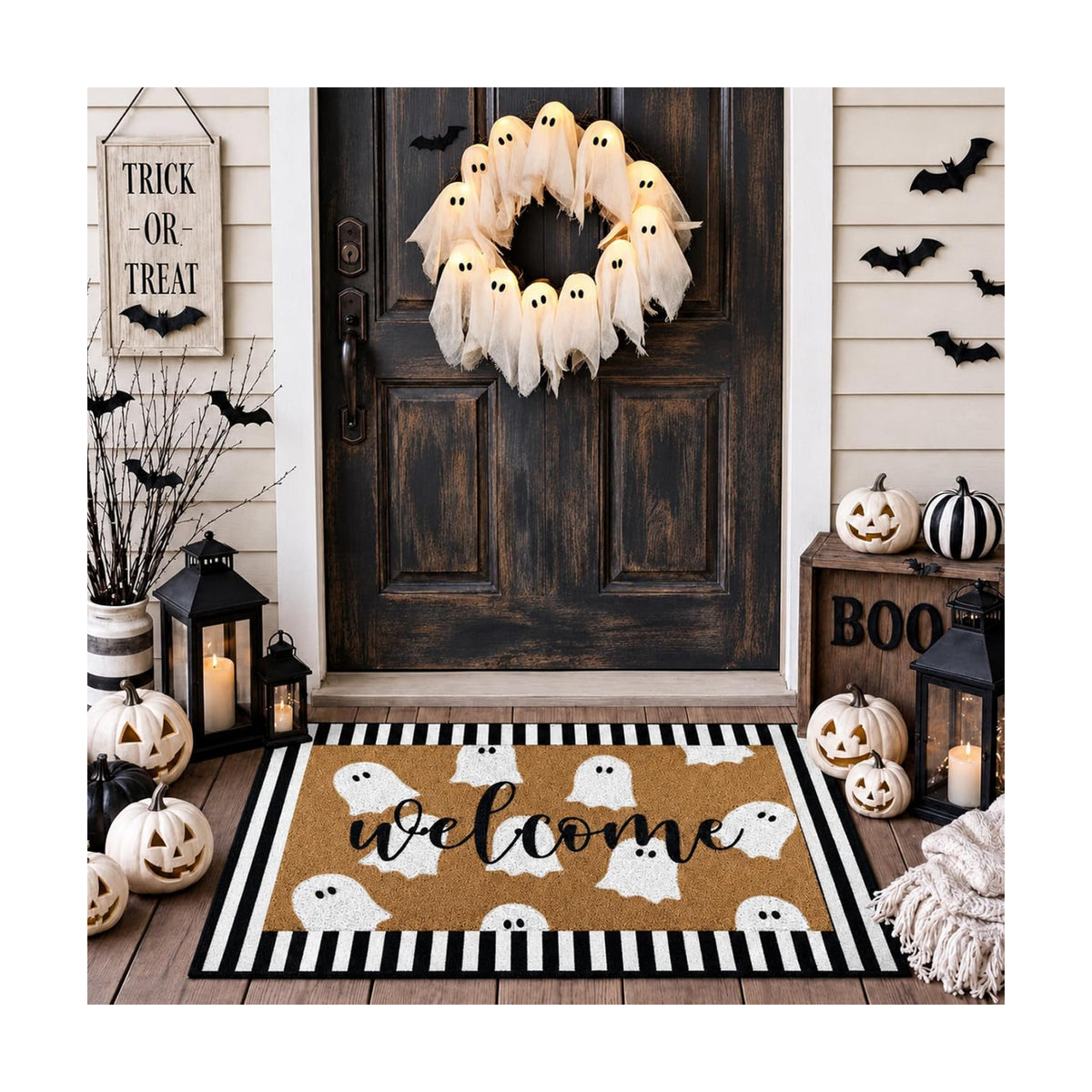 Tinideya 2 Pcs Halloween Door Mat Outdoor Layered Ghost Welcome Mat
