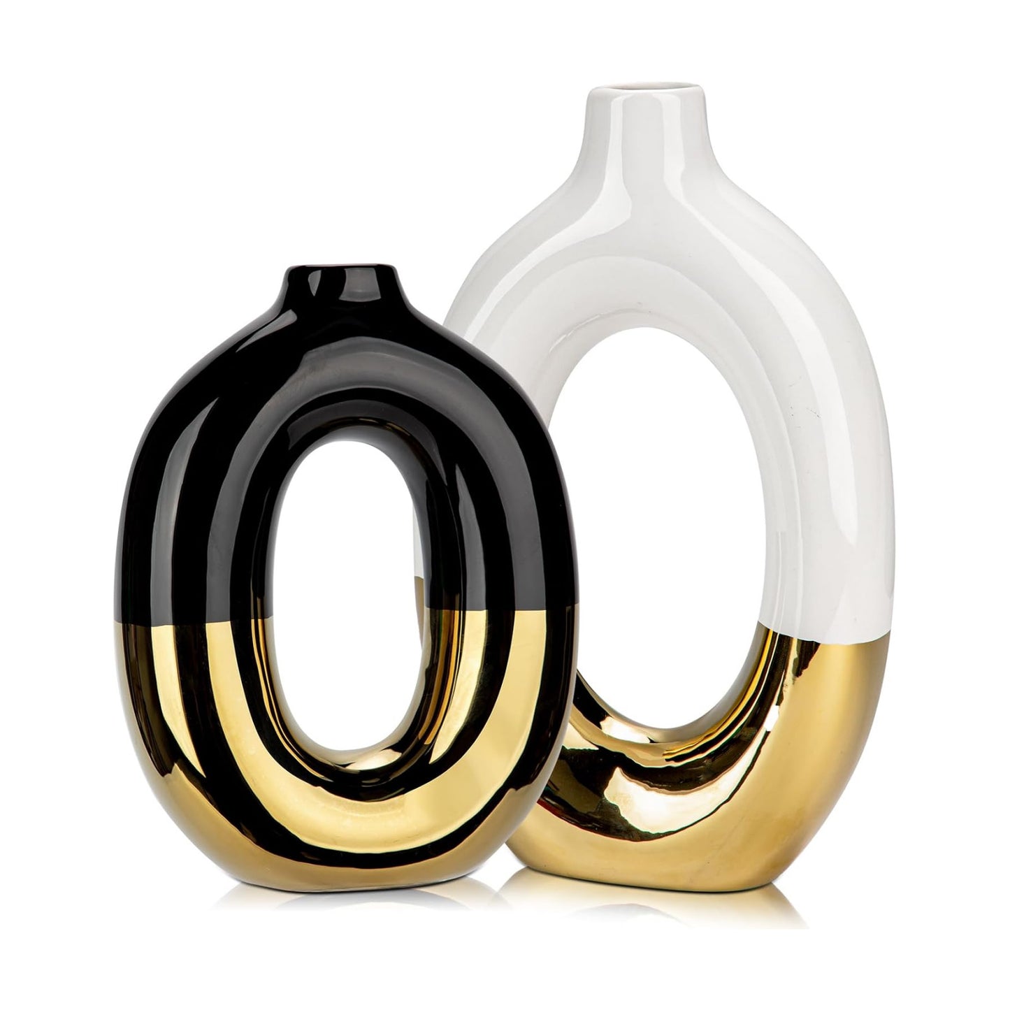 Black and White Vases Donut Vase Ceramic Vases for Flowers / Hollow / Black and White #2 / Set of 2